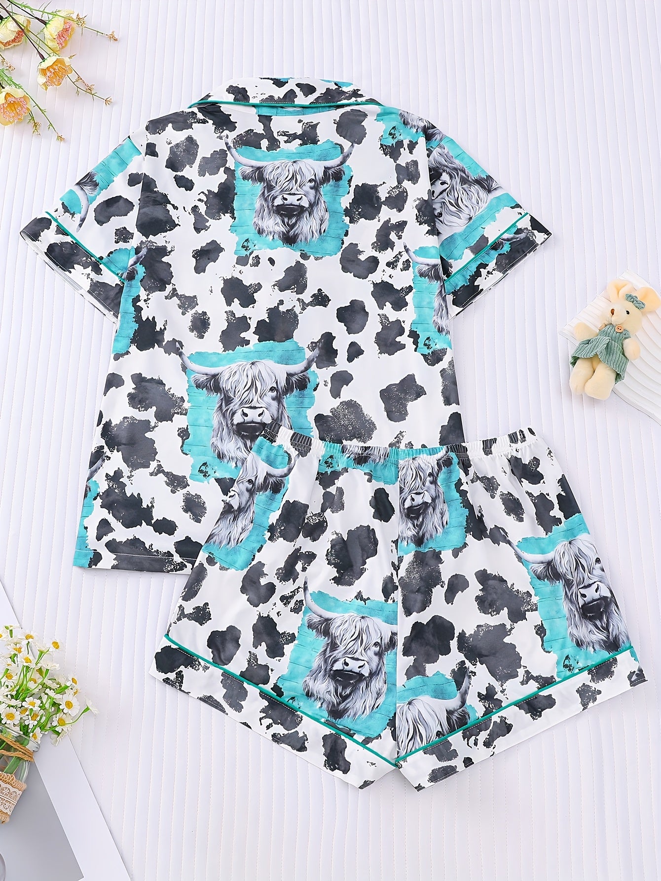 Two Piece Women's White Pajama Set, Cow Print, Fabric, Comfortable for All Seasons, Short Sleeved Button Top, Collar And Matching Shorts, with Full Body Print And Pocket Details, Suitable for Adult Pajama Set