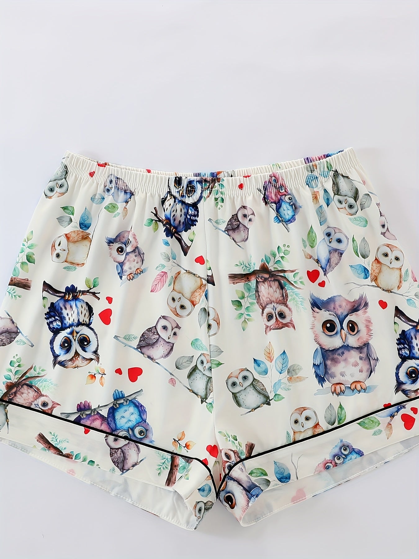Two-Piece Pajama Set with Collared Short Sleeve Open Front Shirt and Loose Elastic Shorts, Owl Bird Print Pattern, Summer Cool Wearable Casual Four Seasons Women'S Sleepwear and Loungewear Outfit, Polyester Fabric