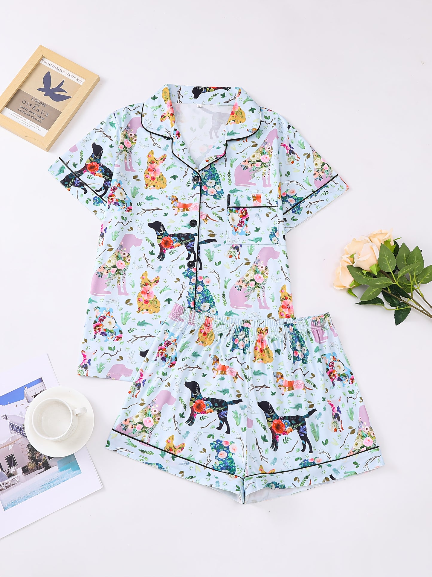 Women'S 2pcs Pajama Set, Cute Dog & Floral Print, Casual Jersey Knit Fabric, Short Sleeve with Lapel Collar, Elastic Loose Shorts, All-Season Comfort, Animal Pattern, 95% Polyester 5% Elastane, 150g/m²