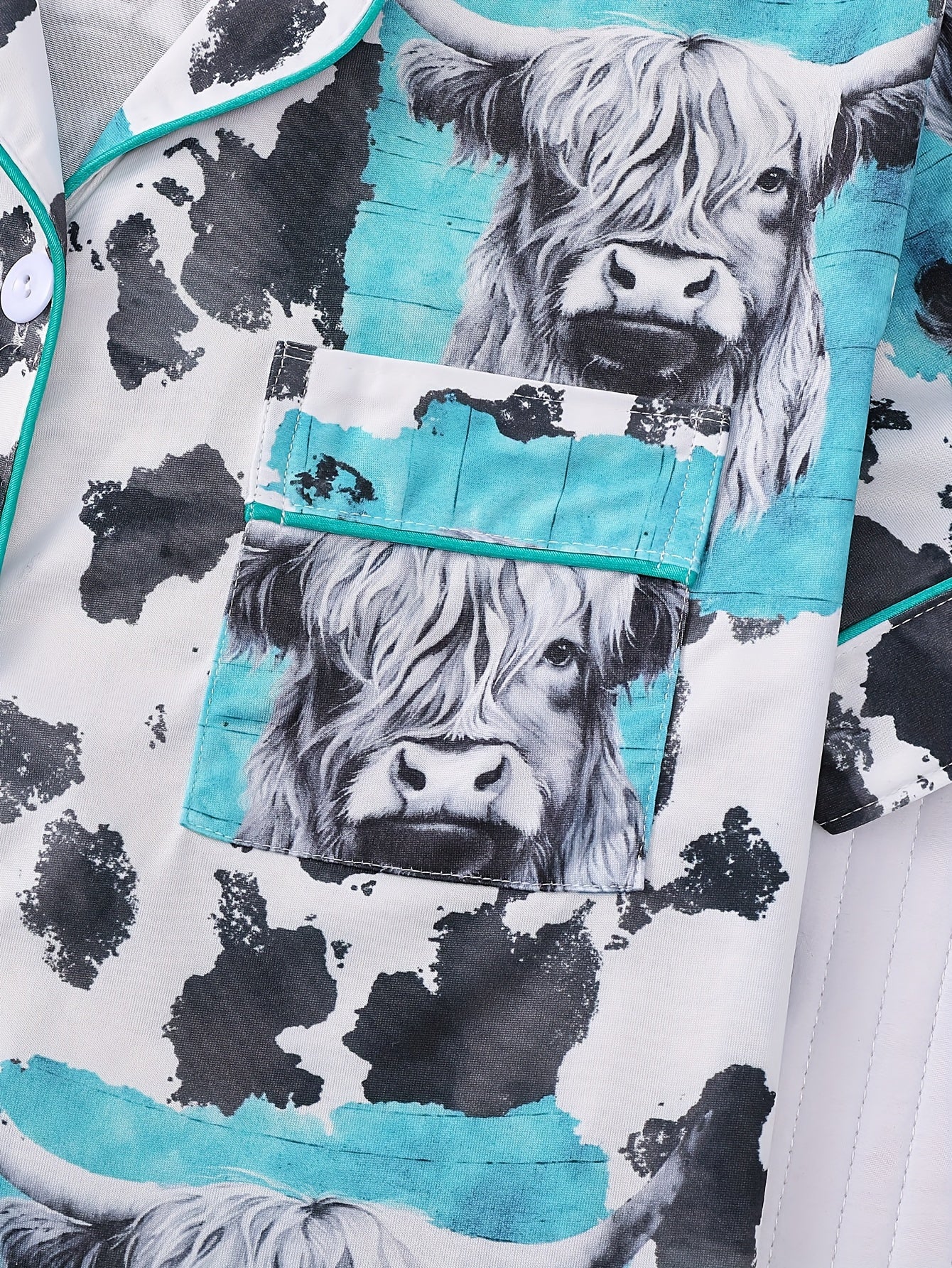 Two Piece Women's White Pajama Set, Cow Print, Fabric, Comfortable for All Seasons, Short Sleeved Button Top, Collar And Matching Shorts, with Full Body Print And Pocket Details, Suitable for Adult Pajama Set