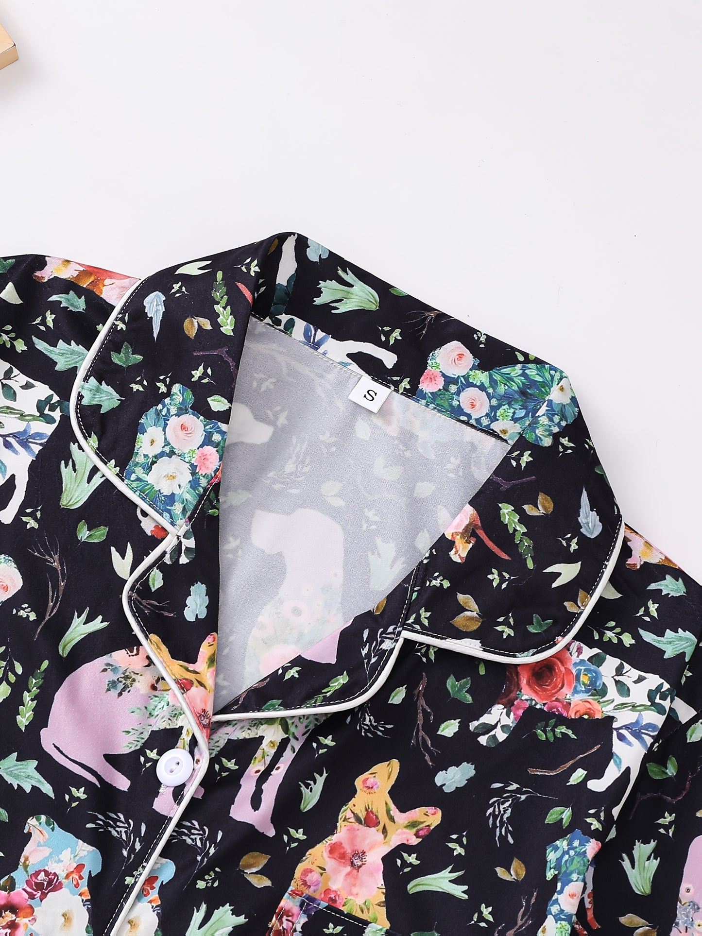 Women'S 2pcs Pajama Set, Cute Dog & Floral Print, Casual Jersey Knit Fabric, Short Sleeve with Lapel Collar, Elastic Loose Shorts, All-Season Comfort, Animal Pattern, 95% Polyester 5% Elastane, 150g/m²