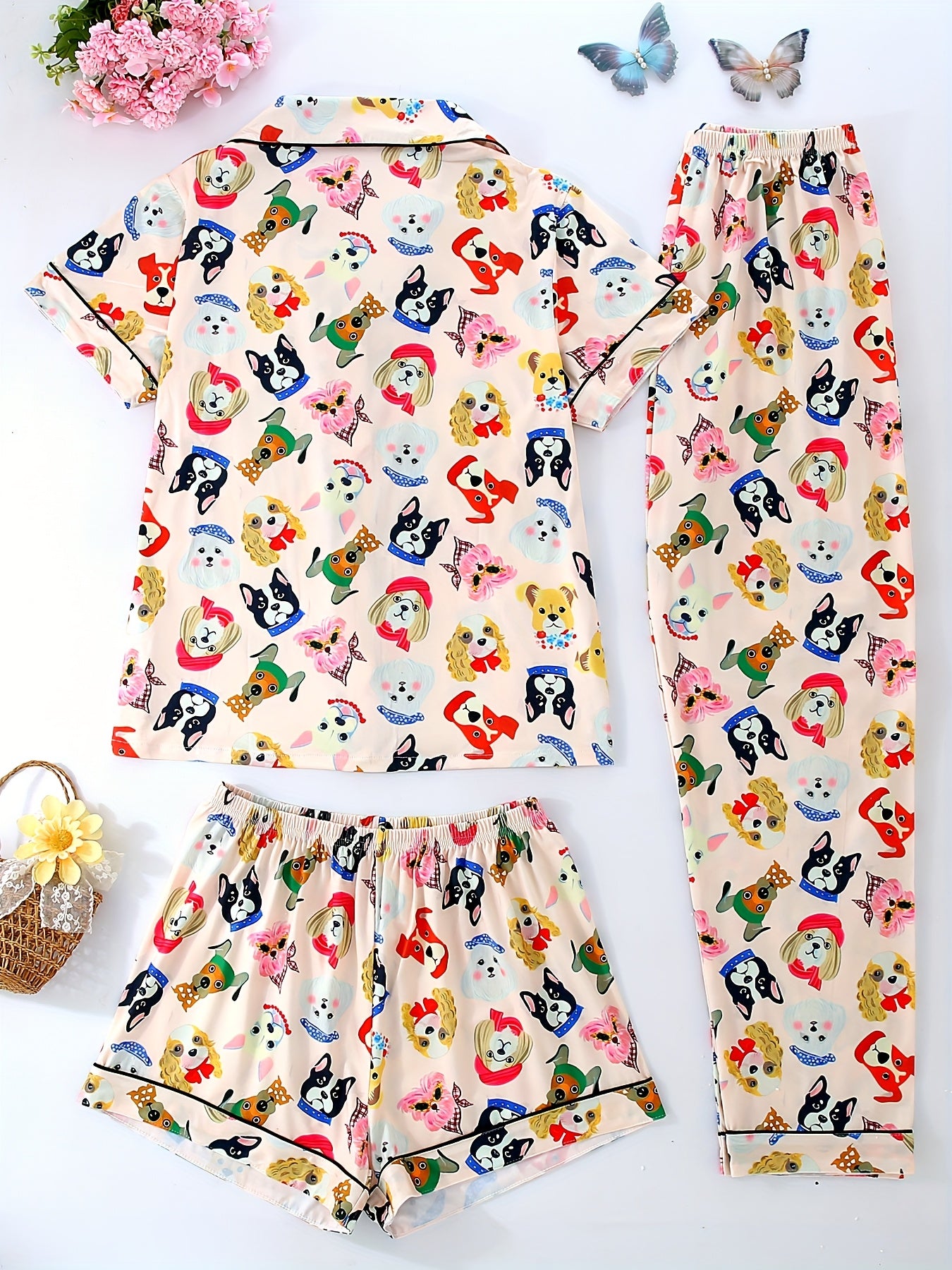 Women'S Pajama Set, Three Pieces, Cute Cartoon Animal Cute Puppy Pattern Design, Casual Turnover Collar Top with Drawstring Waist Shorts and Trousers Summer Four Seasons Wear Coolly, Button Pocket Details Comfortable Knit Fabric Adult Home Wear