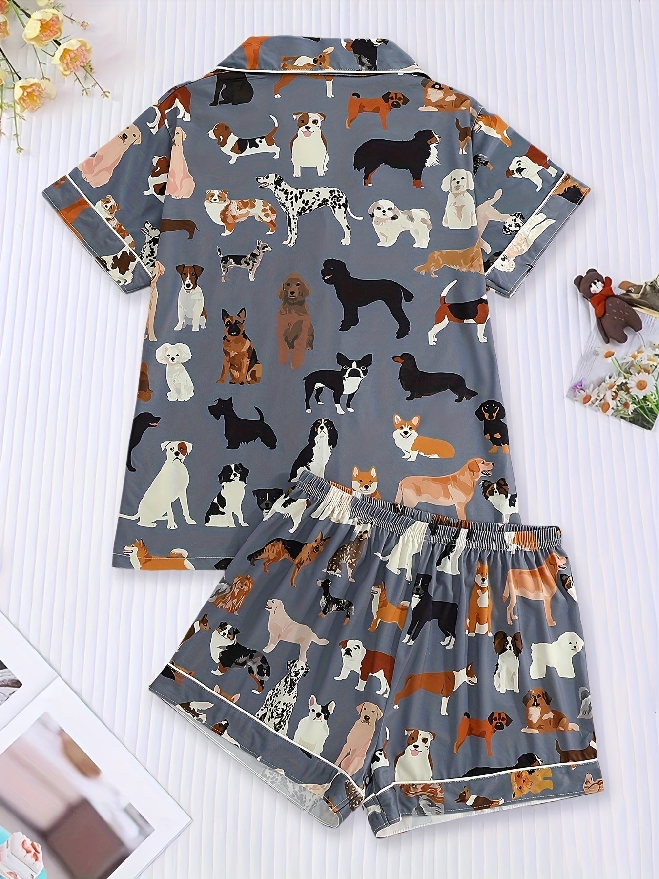 Women'S Pajama Set with Cartoon Dog Animal Print, Dark Gray Short Sleeve Shirt with Pocket & Elastic Waist Shorts, Casual Comfortable Loungewear for All Season