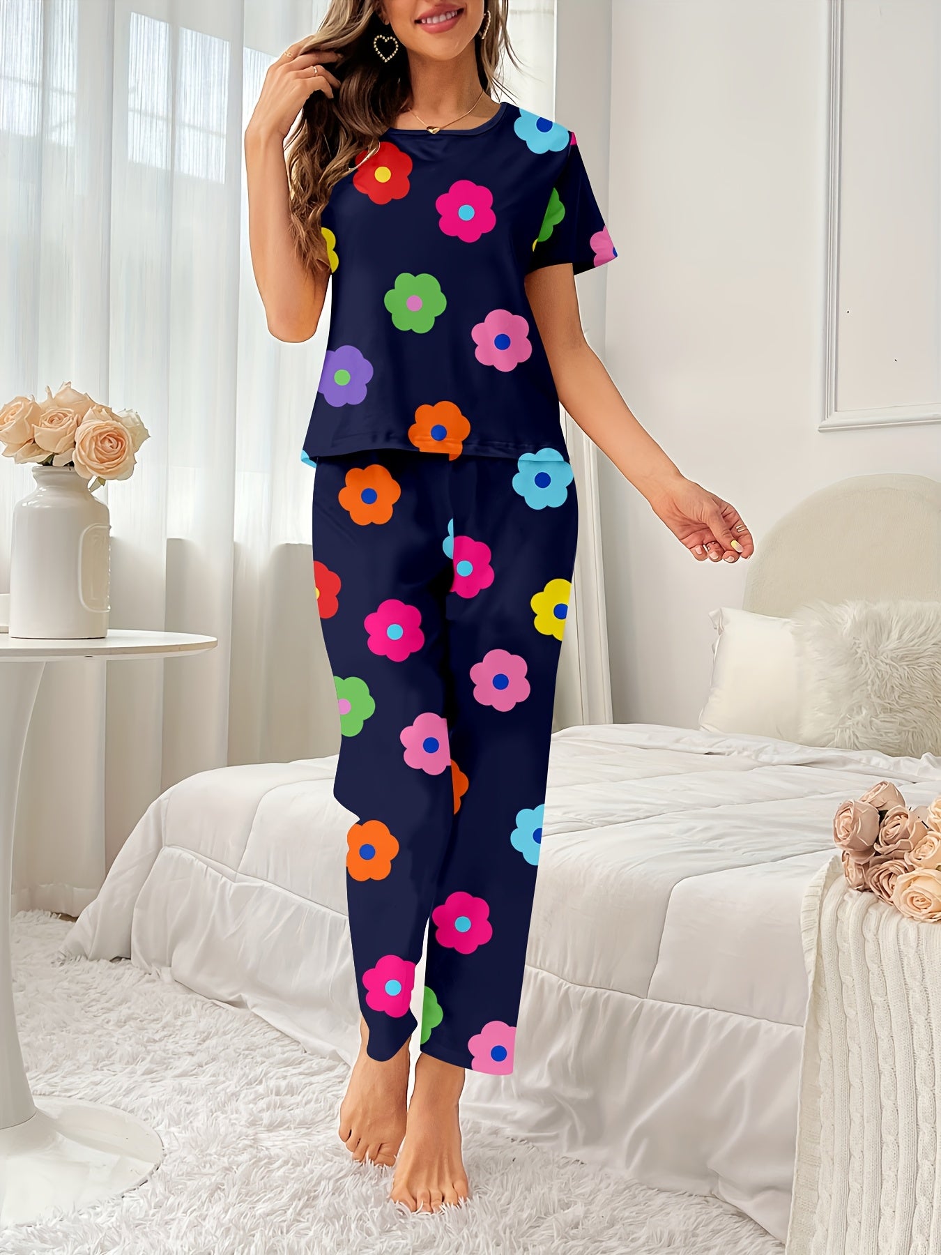 Women'S Casual Floral Print Pajama Set - Short Sleeve Top & Pants, Loose Fit, Machine Washable, Black with Colorful Flowers, All-Season Comfort Loungewear, Relaxed Fit Pajamas | Playful Design | Comfortable Fit, Ladies Pajamas