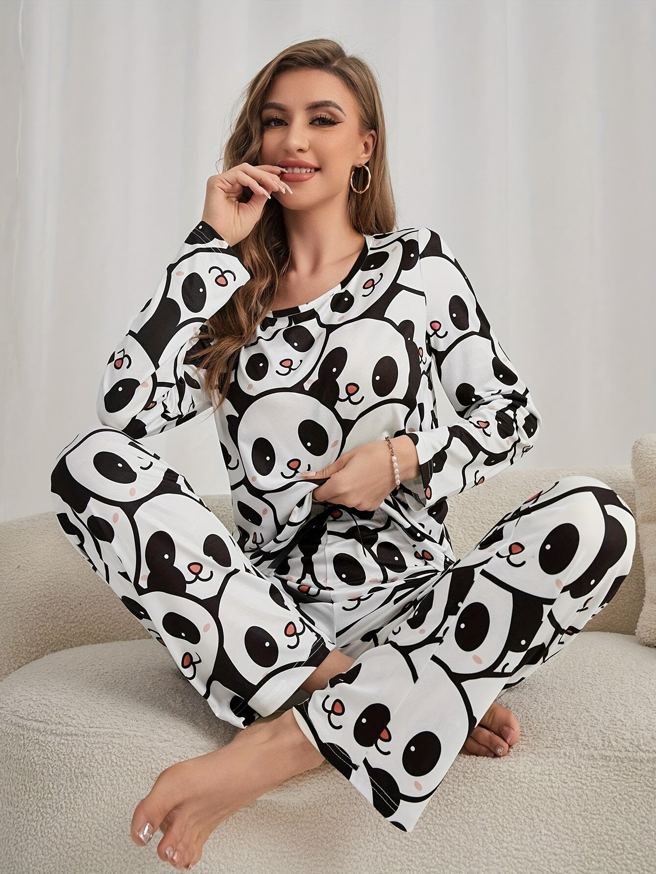 Women'S Cute Panda Print Pajama Set, Long Sleeve Round Neck Top & Pants, Comfortable Relaxed Fit For Fall