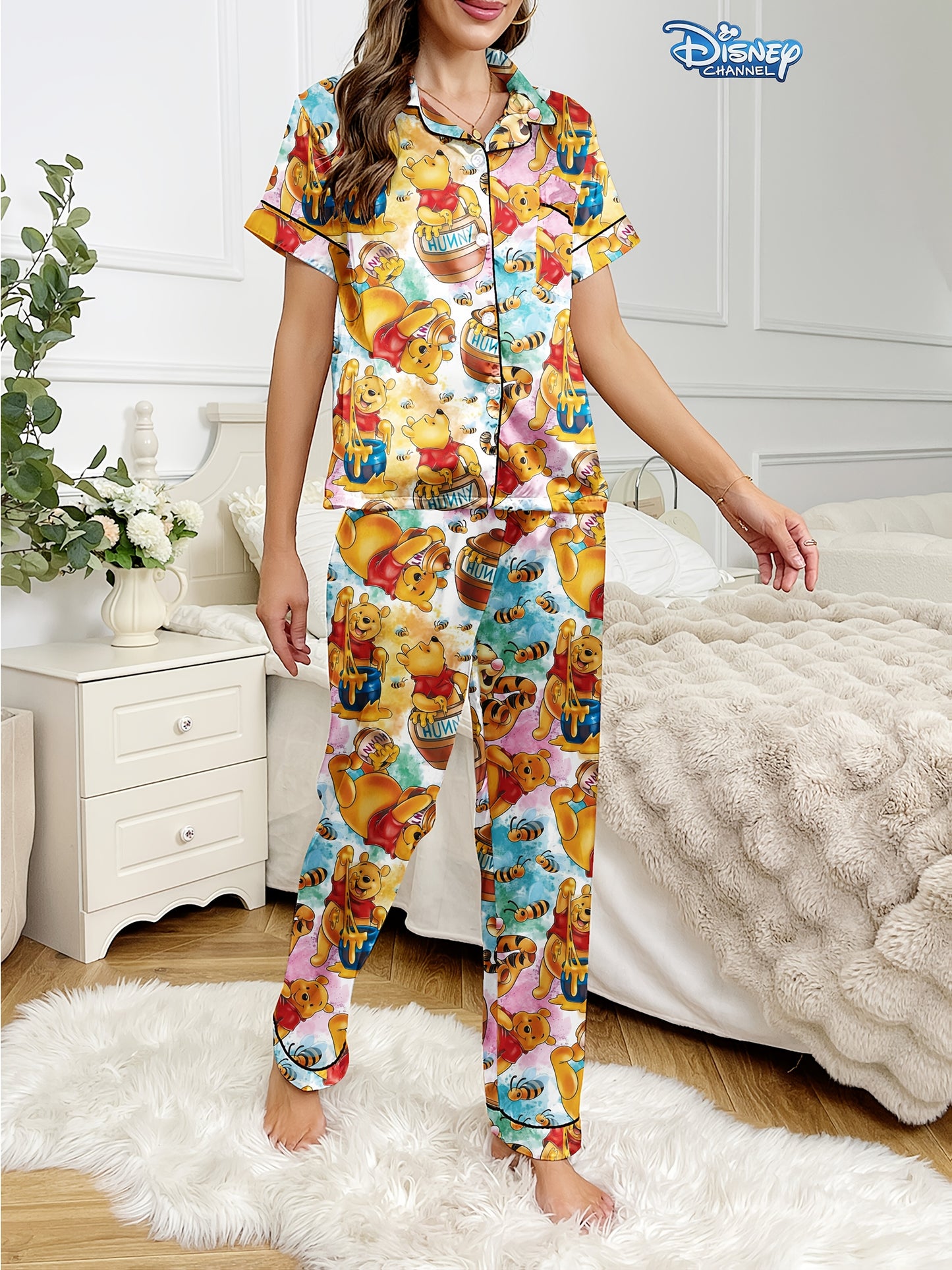 Disney Series Women's Casual Comfortable Pajama Set, Button- Collar Short Sleeve Top & Elastic Waist Pants
