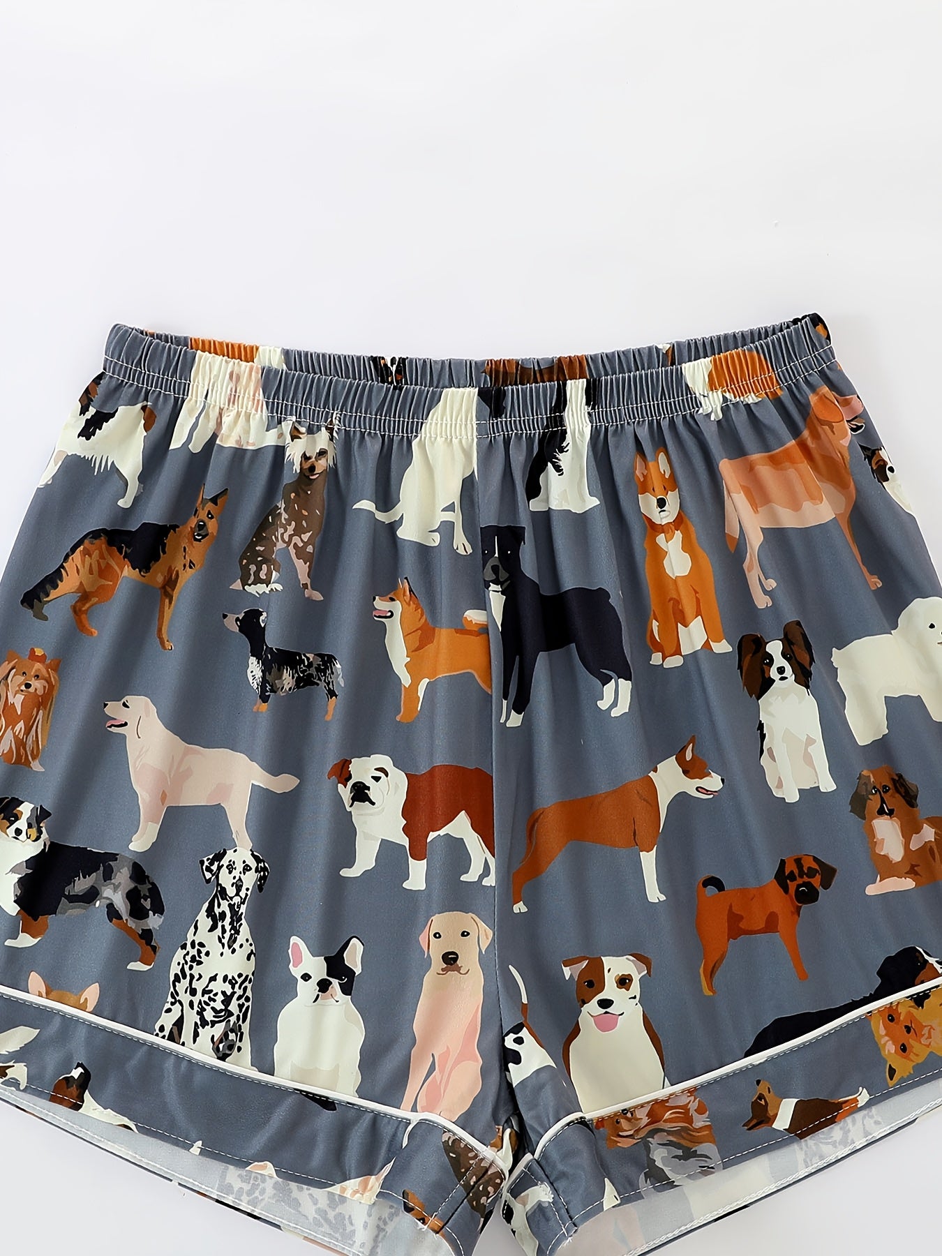 Women'S Pajama Set with Cartoon Dog Animal Print, Dark Gray Short Sleeve Shirt with Pocket & Elastic Waist Shorts, Casual Comfortable Loungewear for All Season
