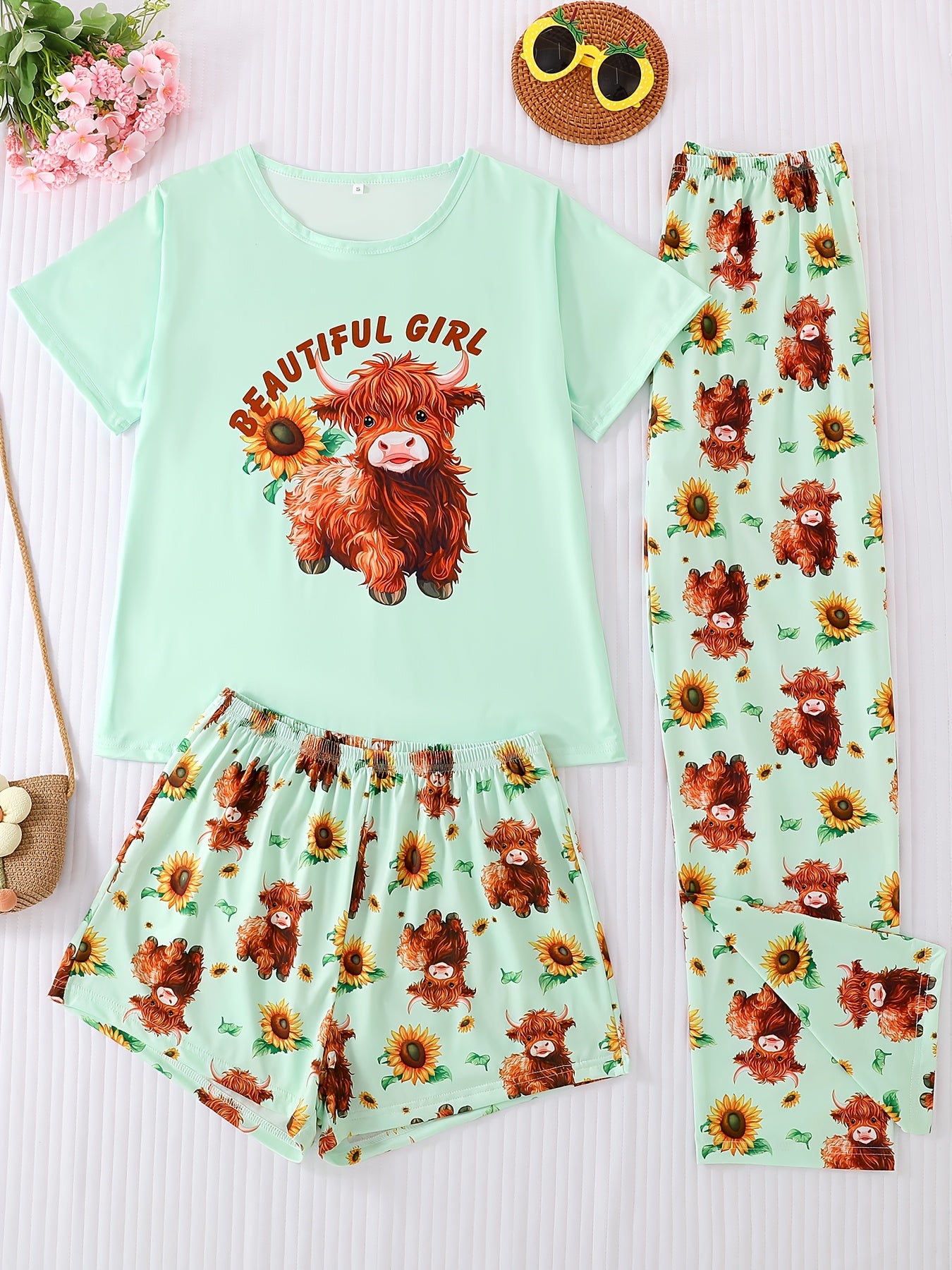 Round Neck Three-Piece Light Green Floral Cow Letter Print Adult Pajama Set, Short Sleeve Top and Loose Elastic Shorts with Long Pants, Casual Four-Season Women's Sleepwear and Loungewear Outfit, Wearable All Year Round