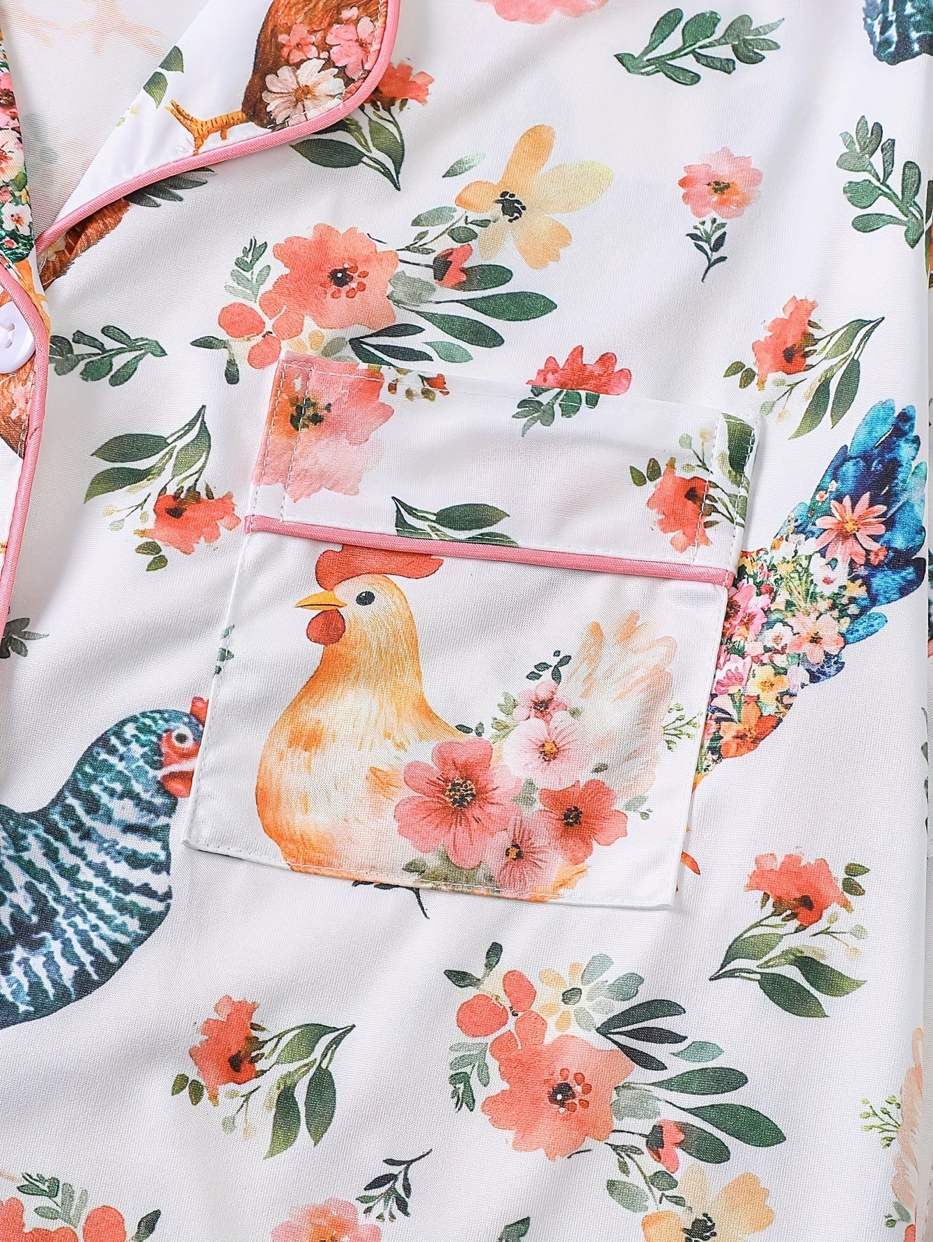 Two-piece Women'S Elegant Polyester White Pajama Set, Chicken Print, Fabric, All-season Comfort, Short-sleeved Button- Top With Collar And Matching Shorts, All-over Print And Pocket Details, Perfect For Adults Pajama Sets
