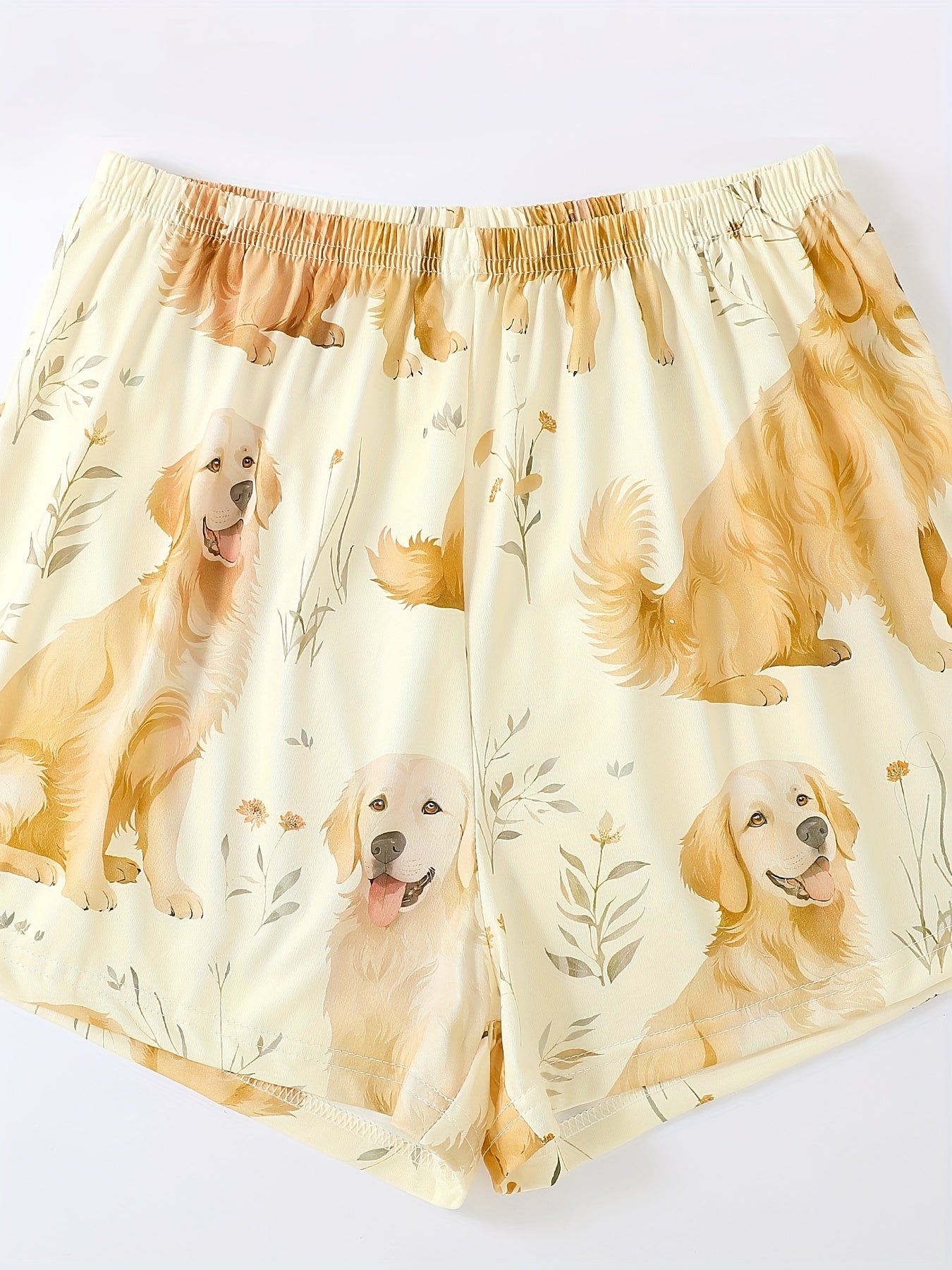 Crew Neck Three Piece Apricot Floral Golden Retriever Puppy Animal Print Adult Pajama Set, Short Sleeve Top And Loose Elastic Shorts And Pants, Casual Four Seasons Women'S Pajama And Loungewear Set, Can Be Worn All Year Round