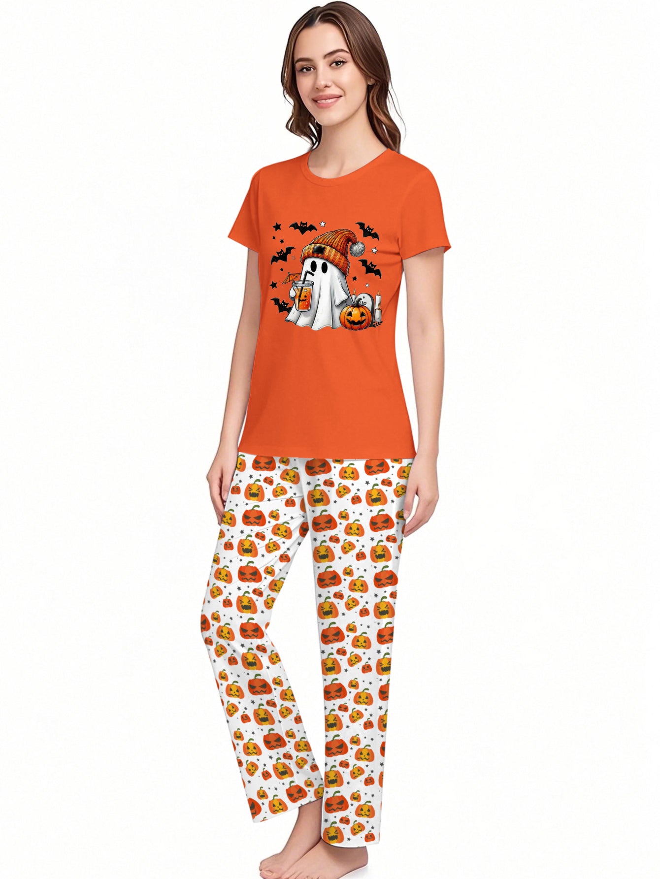 Halloween Themed Pajama Set Orange and Pumpkin Print for Festive Nights
