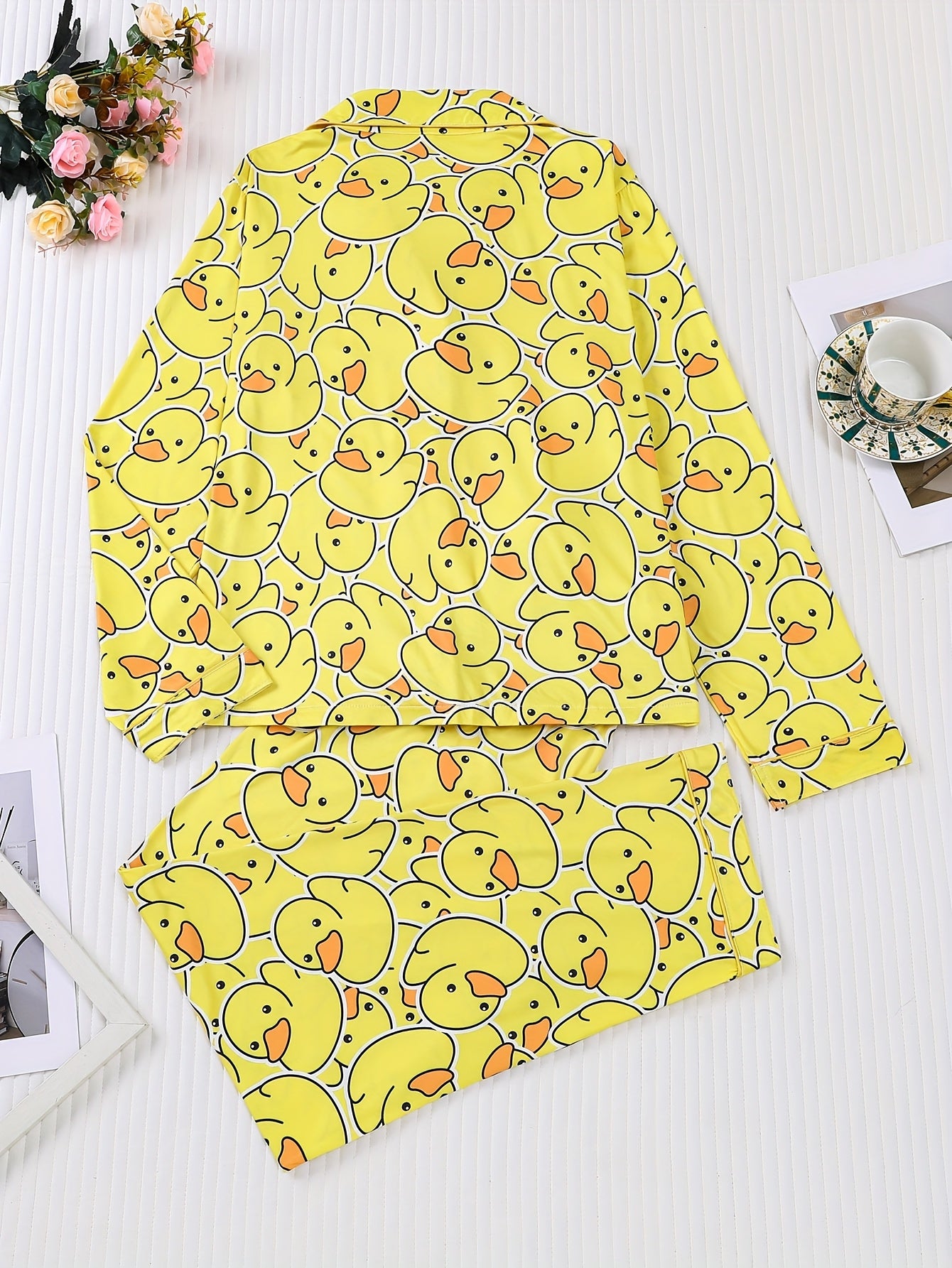 Two Piece Women'S Yellow Duck Print Pajamas Set, Fabric, Comfortable All Year Round, Long Sleeved Button Up Top, Collar And Matching Pants, with Full Body Print And Pocket Details, Suitable for Adult Pajamas Set