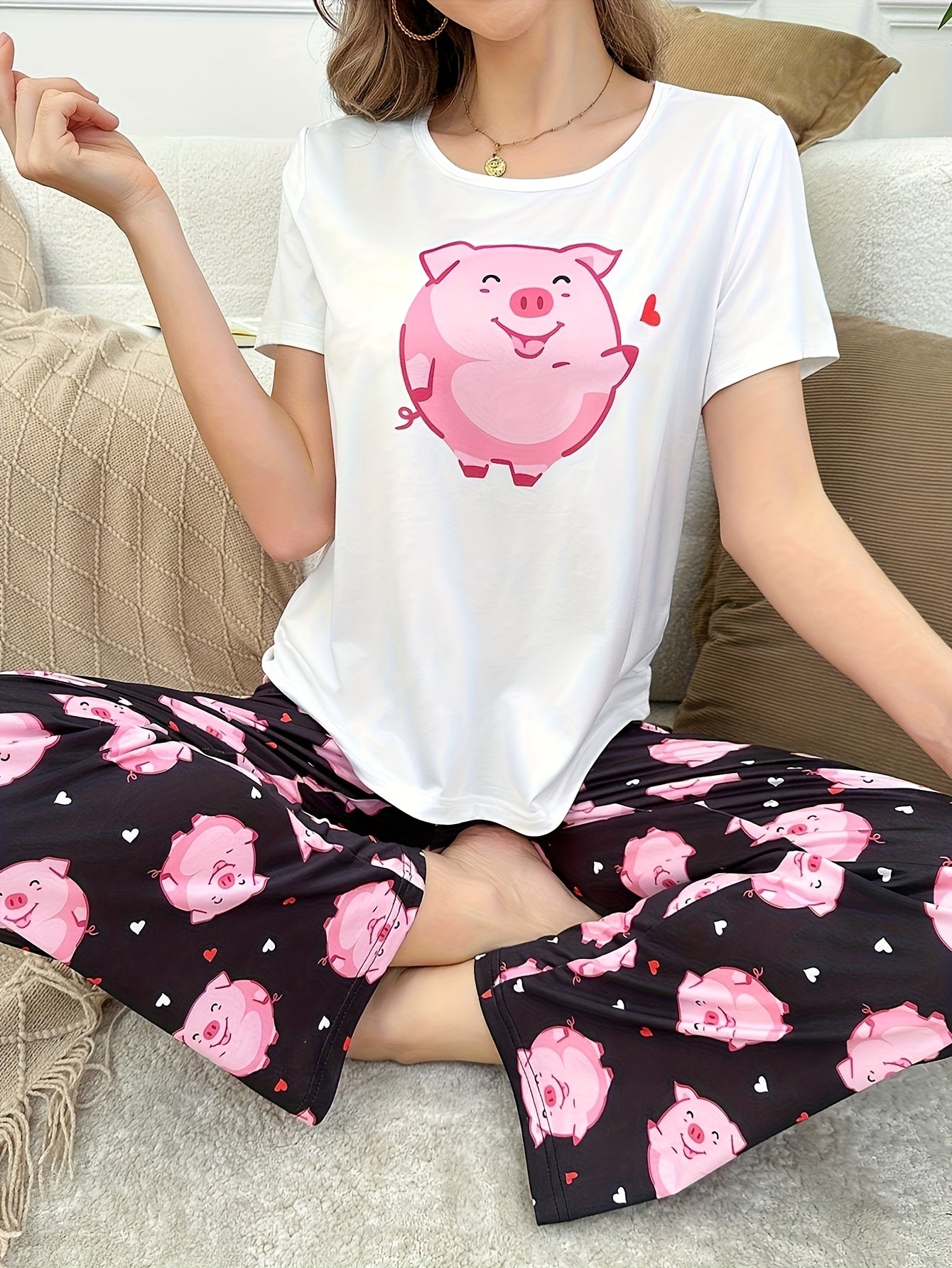 2pcs Women's Cute Pig Casual T-shirt Set, Loose Sleepwear