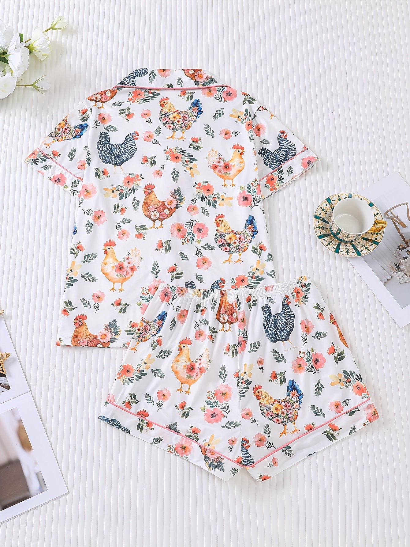 Two-piece Women'S Elegant Polyester White Pajama Set, Chicken Print, Fabric, All-season Comfort, Short-sleeved Button- Top With Collar And Matching Shorts, All-over Print And Pocket Details, Perfect For Adults Pajama Sets