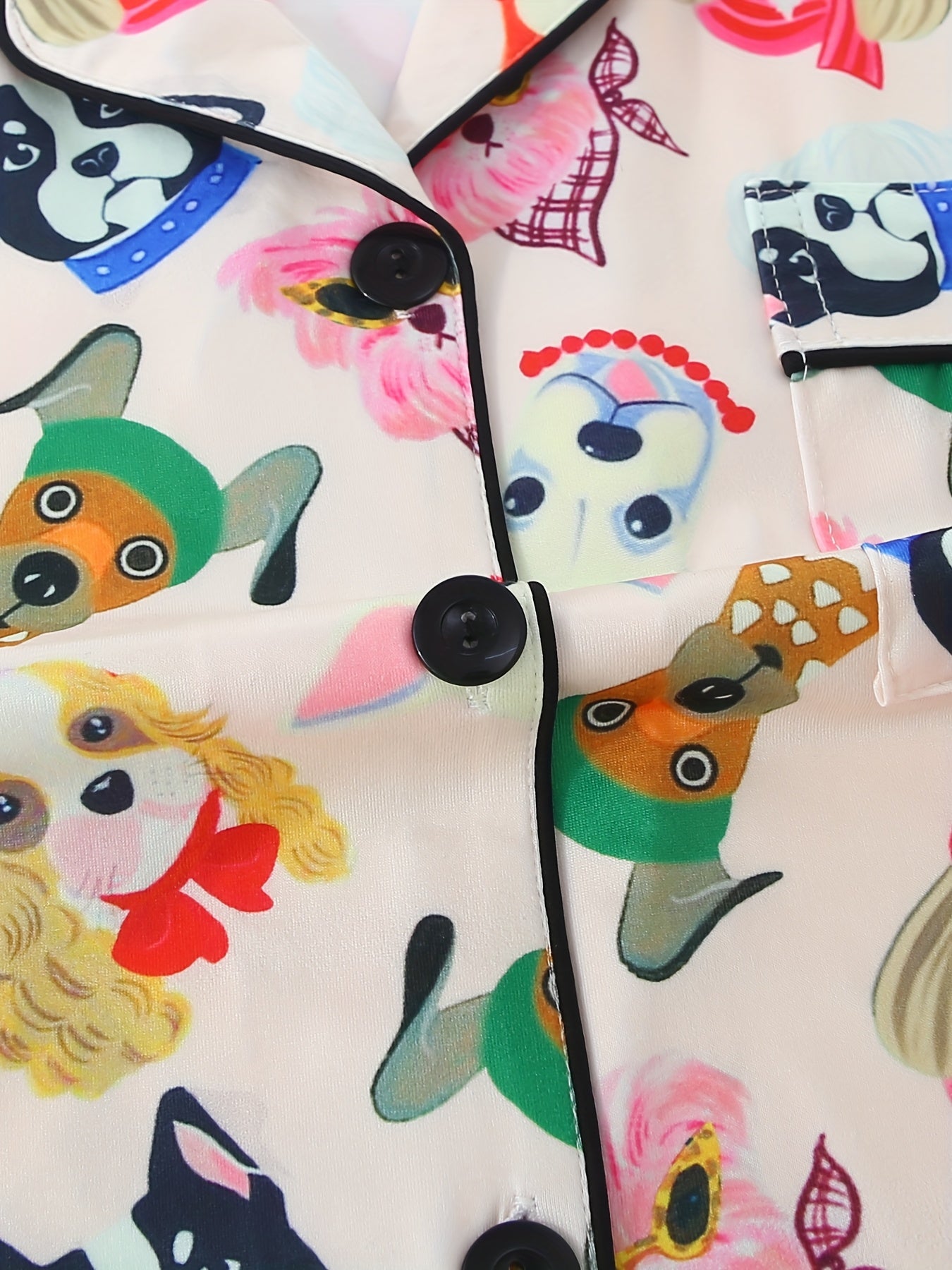 Women'S Pajama Set, Three Pieces, Cute Cartoon Animal Cute Puppy Pattern Design, Casual Turnover Collar Top with Drawstring Waist Shorts and Trousers Summer Four Seasons Wear Coolly, Button Pocket Details Comfortable Knit Fabric Adult Home Wear