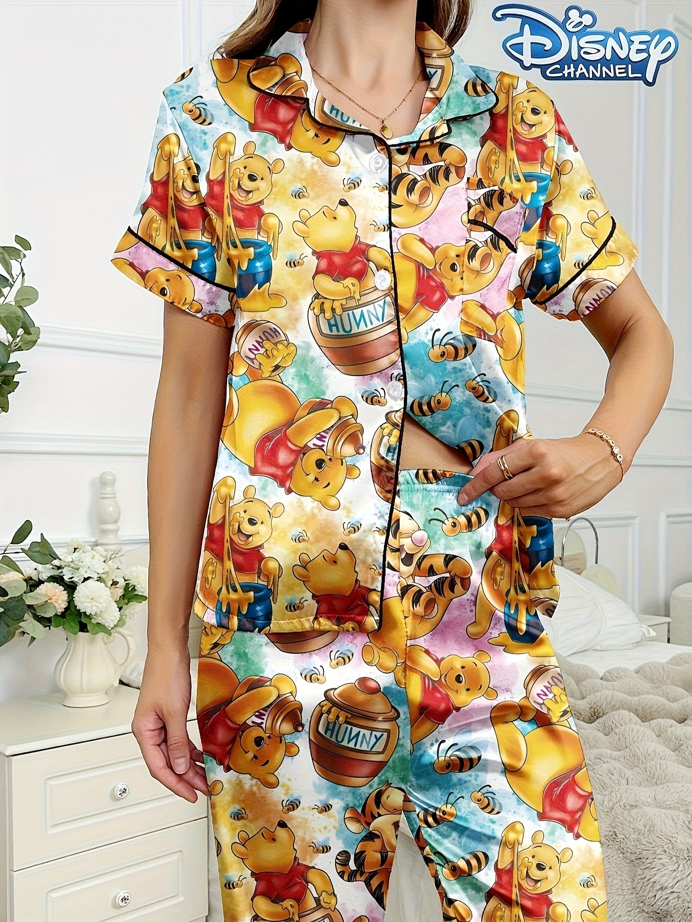 Disney Series Women's Casual Comfortable Pajama Set, Button- Collar Short Sleeve Top & Elastic Waist Pants