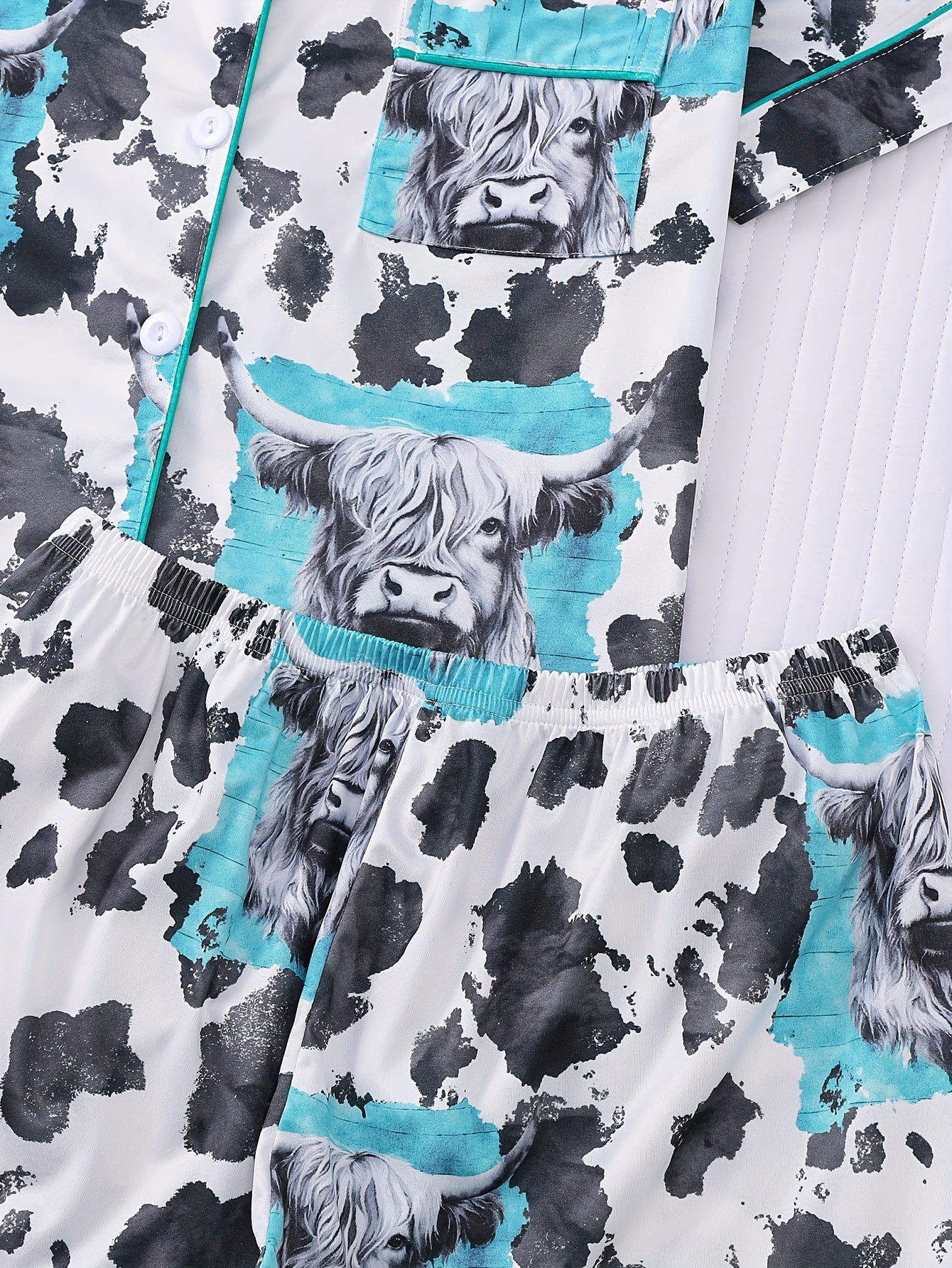 Two Piece Women's White Pajama Set, Cow Print, Fabric, Comfortable for All Seasons, Short Sleeved Button Top, Collar And Matching Shorts, with Full Body Print And Pocket Details, Suitable for Adult Pajama Set