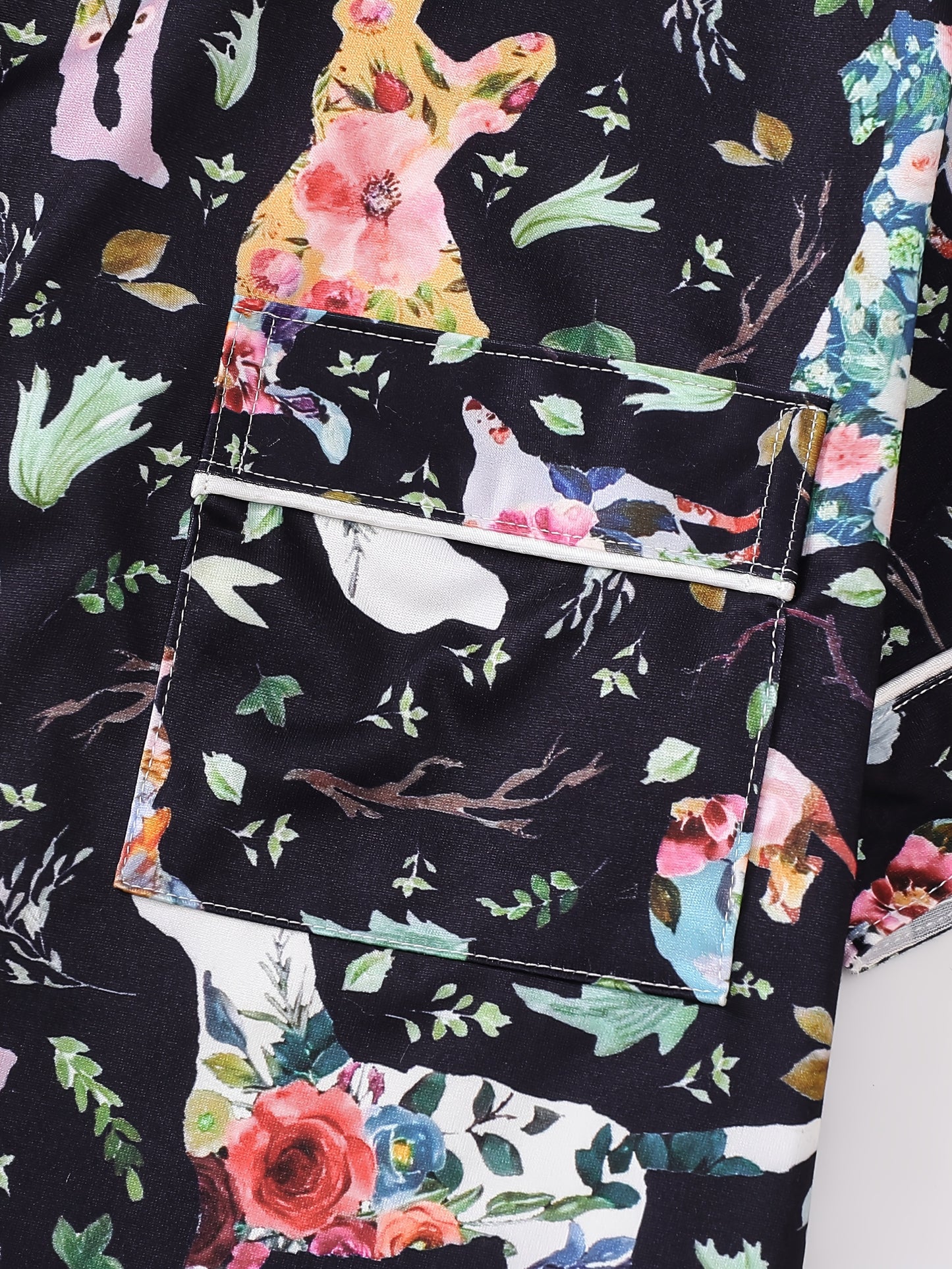 Women'S 2pcs Pajama Set, Cute Dog & Floral Print, Casual Jersey Knit Fabric, Short Sleeve with Lapel Collar, Elastic Loose Shorts, All-Season Comfort, Animal Pattern, 95% Polyester 5% Elastane, 150g/m²