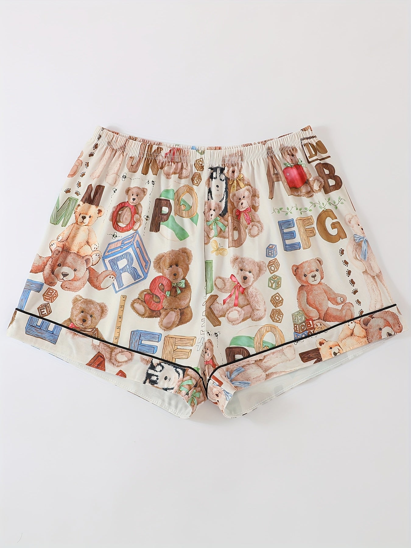 Three-Piece Ladies' Pajamas Set with Letters 'S Cubes, Bears And Other Printed Patterns, Can Be Worn Outside, with Lapel Short-Sleeved Cardigan And Loose Elastic Shorts And Trousers, Casual Four-Season Ladies' Pajamas And Home Clothes Set