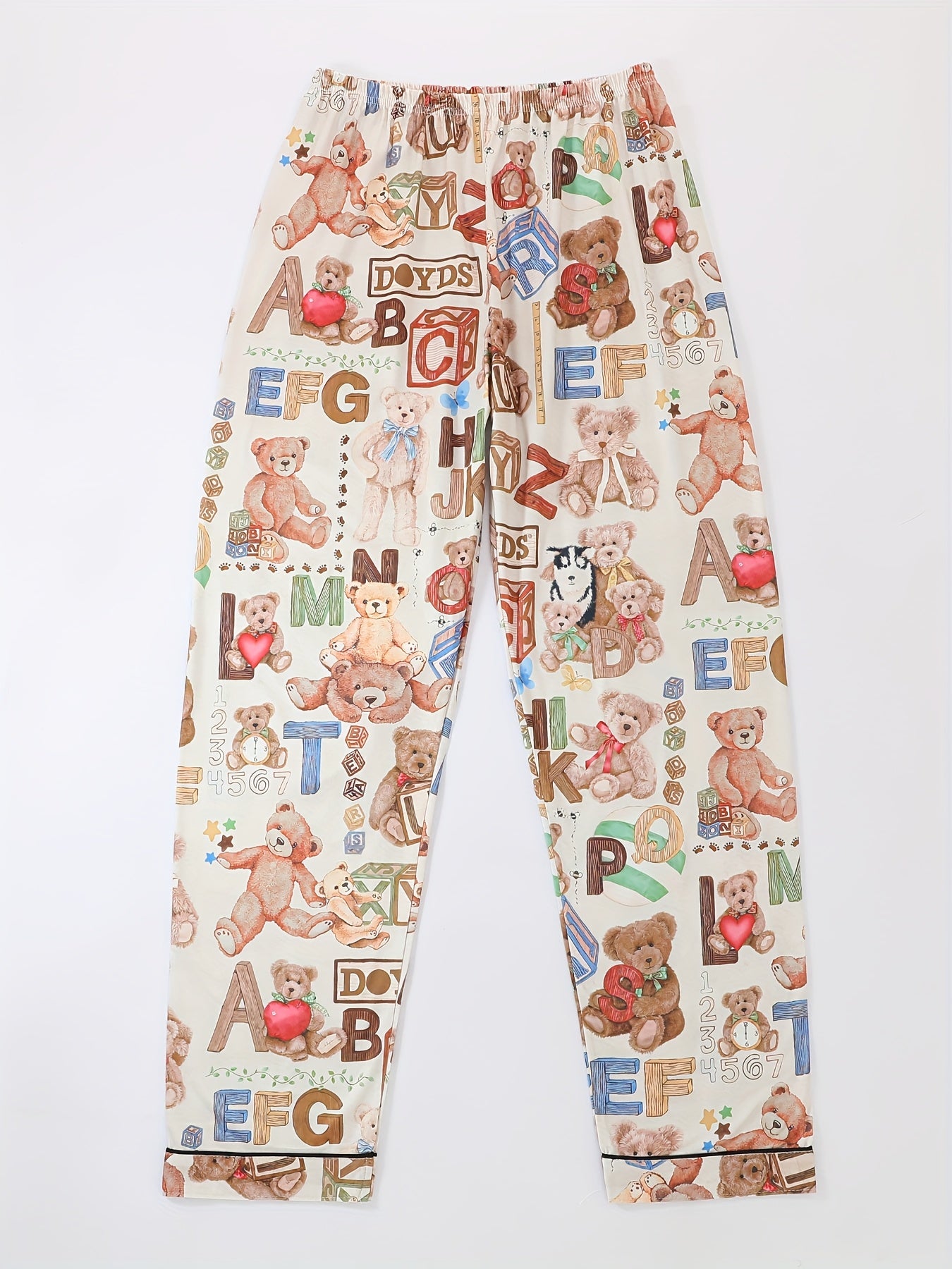 Three-Piece Ladies' Pajamas Set with Letters 'S Cubes, Bears And Other Printed Patterns, Can Be Worn Outside, with Lapel Short-Sleeved Cardigan And Loose Elastic Shorts And Trousers, Casual Four-Season Ladies' Pajamas And Home Clothes Set