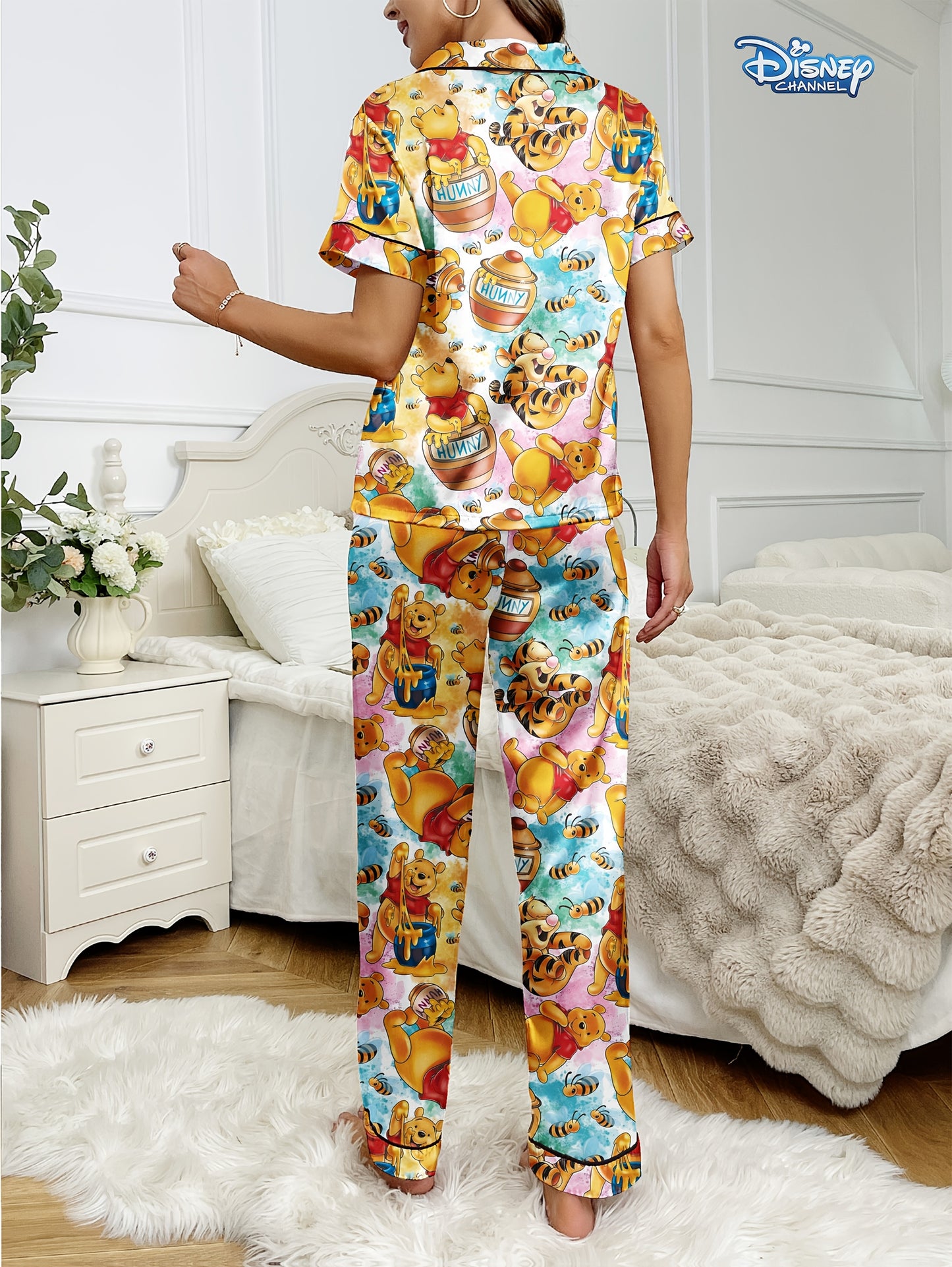 Disney Series Women's Casual Comfortable Pajama Set, Button- Collar Short Sleeve Top & Elastic Waist Pants