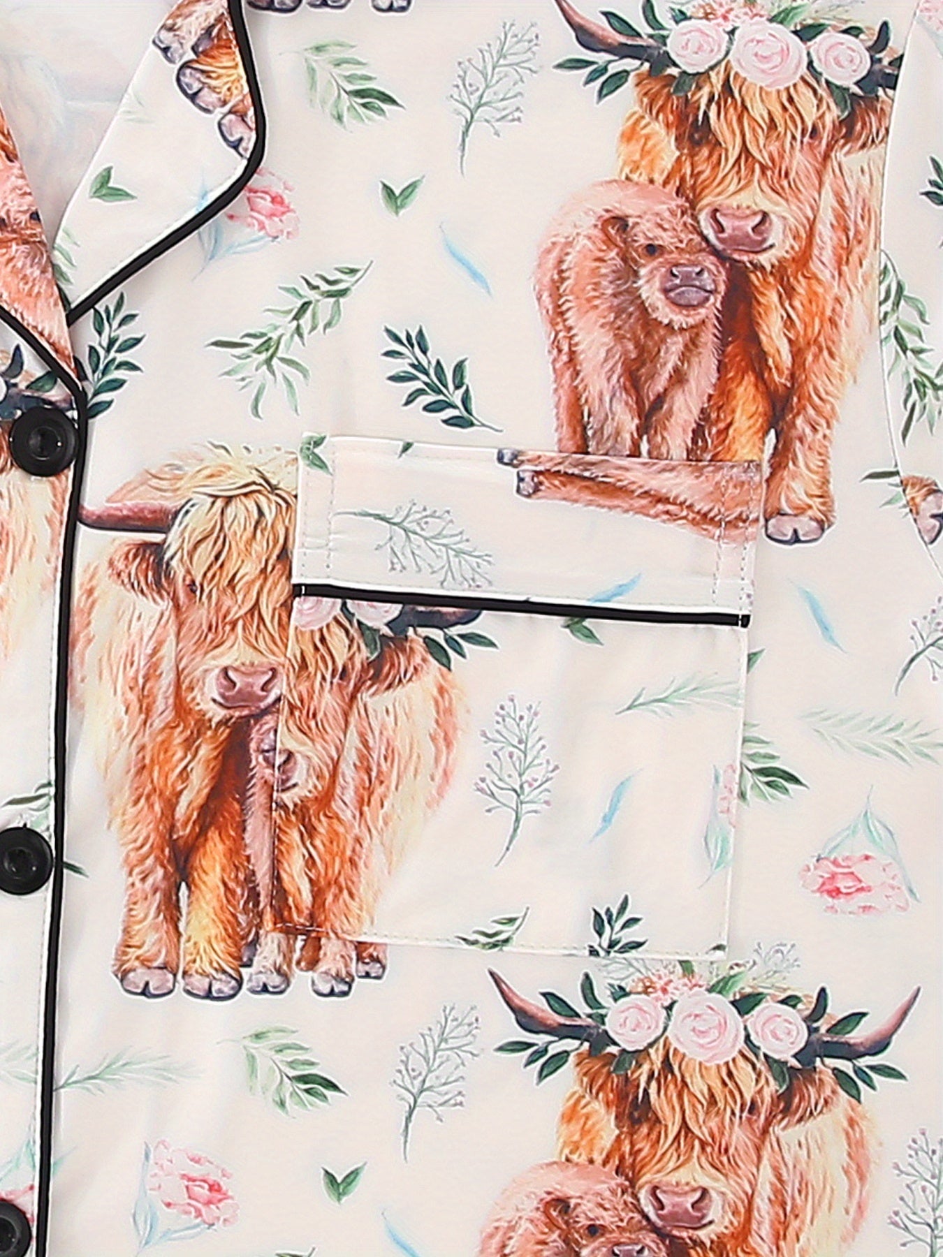 Women's Pajama Set, Cute Cartoon Animal Cow Pattern Design, Casual Lapel Top with Elastic Waist Shorts and Long Pants, Summer Cool Four Seasons Wearable, Buttoned and Pocket Details, Comfort Fabric, Adult Sleepwear Home Outfit
