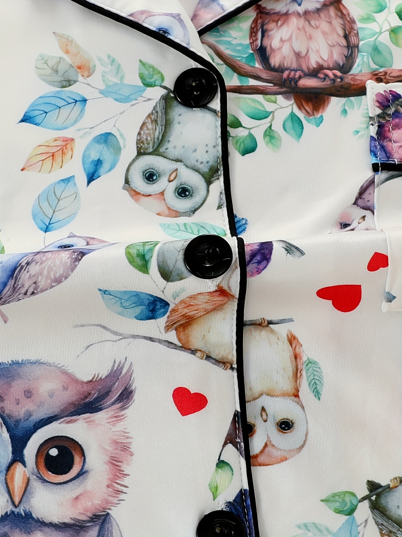 Two-Piece Pajama Set with Collared Short Sleeve Open Front Shirt and Loose Elastic Shorts, Owl Bird Print Pattern, Summer Cool Wearable Casual Four Seasons Women'S Sleepwear and Loungewear Outfit, Polyester Fabric