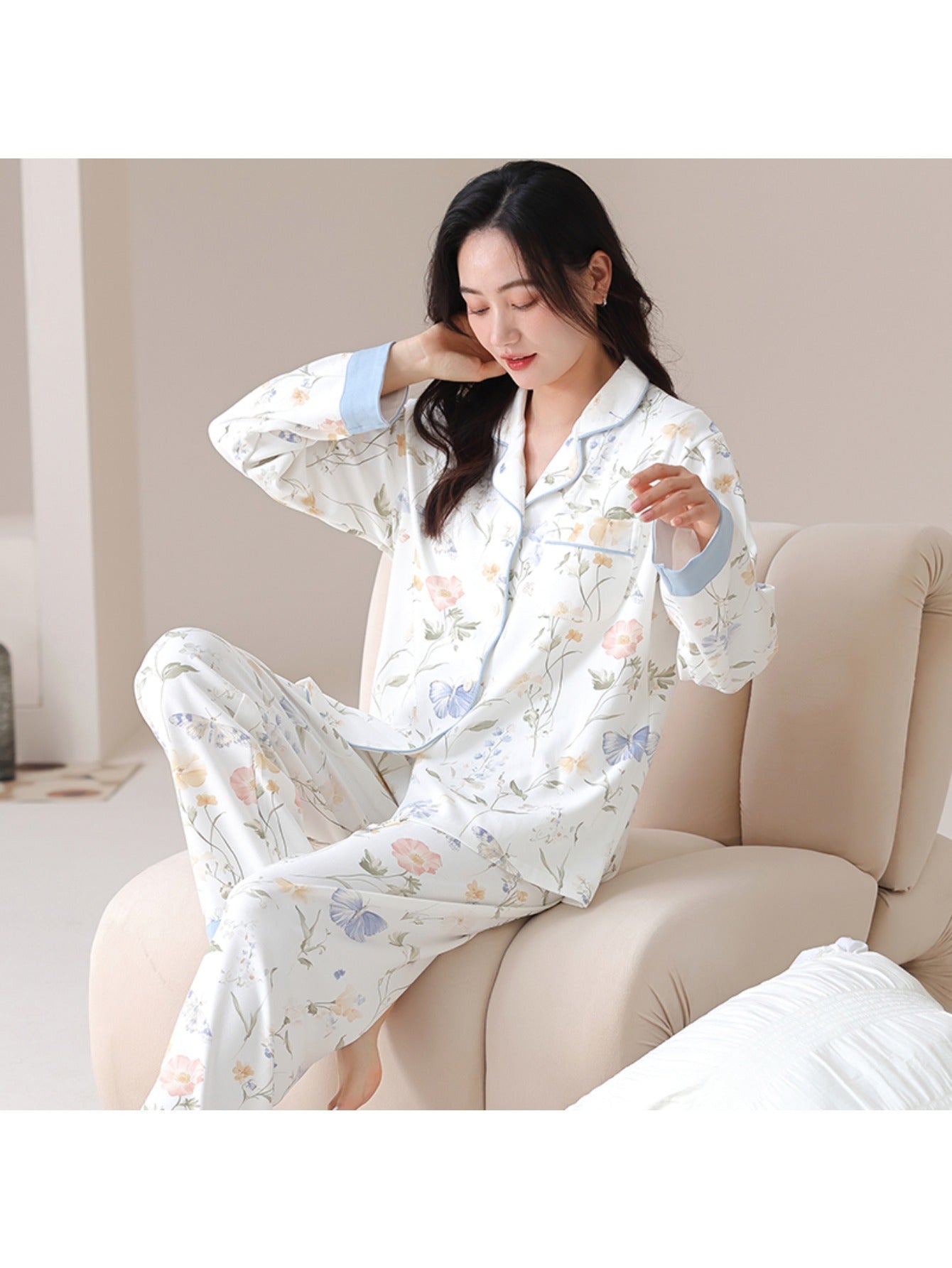 Women'S Floral Print Long Sleeve Pajama Set - Soft Button-Up Shirt & Pants, Light Blue & White Floral Design, Comfortable Casual Wear for Spring/Summer/Fall, Perfect for Home or Outdoor, Pajamas for Women, Seasonal Loungewear, Relaxed Fit Pants, Durable