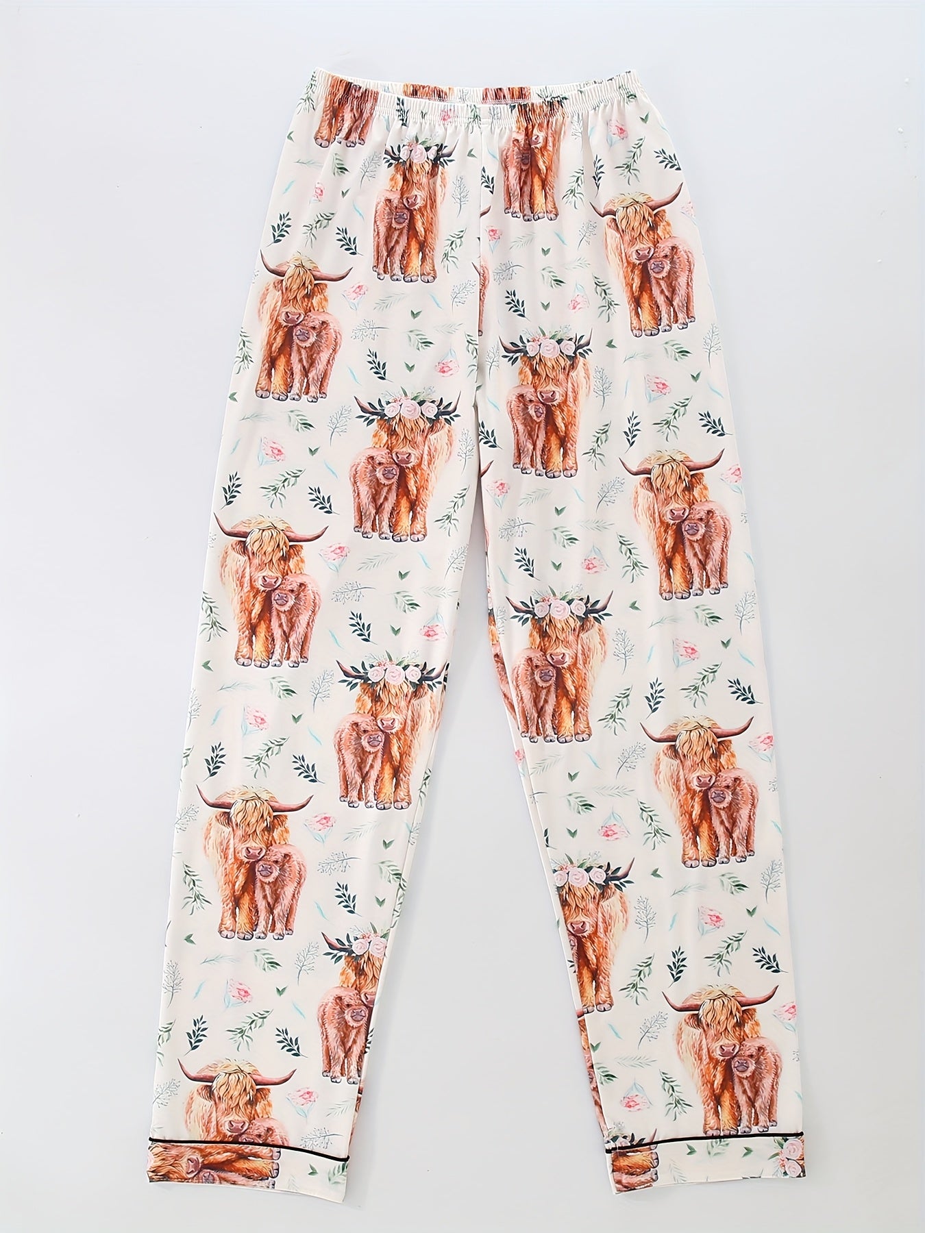 Women's Pajama Set, Cute Cartoon Animal Cow Pattern Design, Casual Lapel Top with Elastic Waist Shorts and Long Pants, Summer Cool Four Seasons Wearable, Buttoned and Pocket Details, Comfort Fabric, Adult Sleepwear Home Outfit