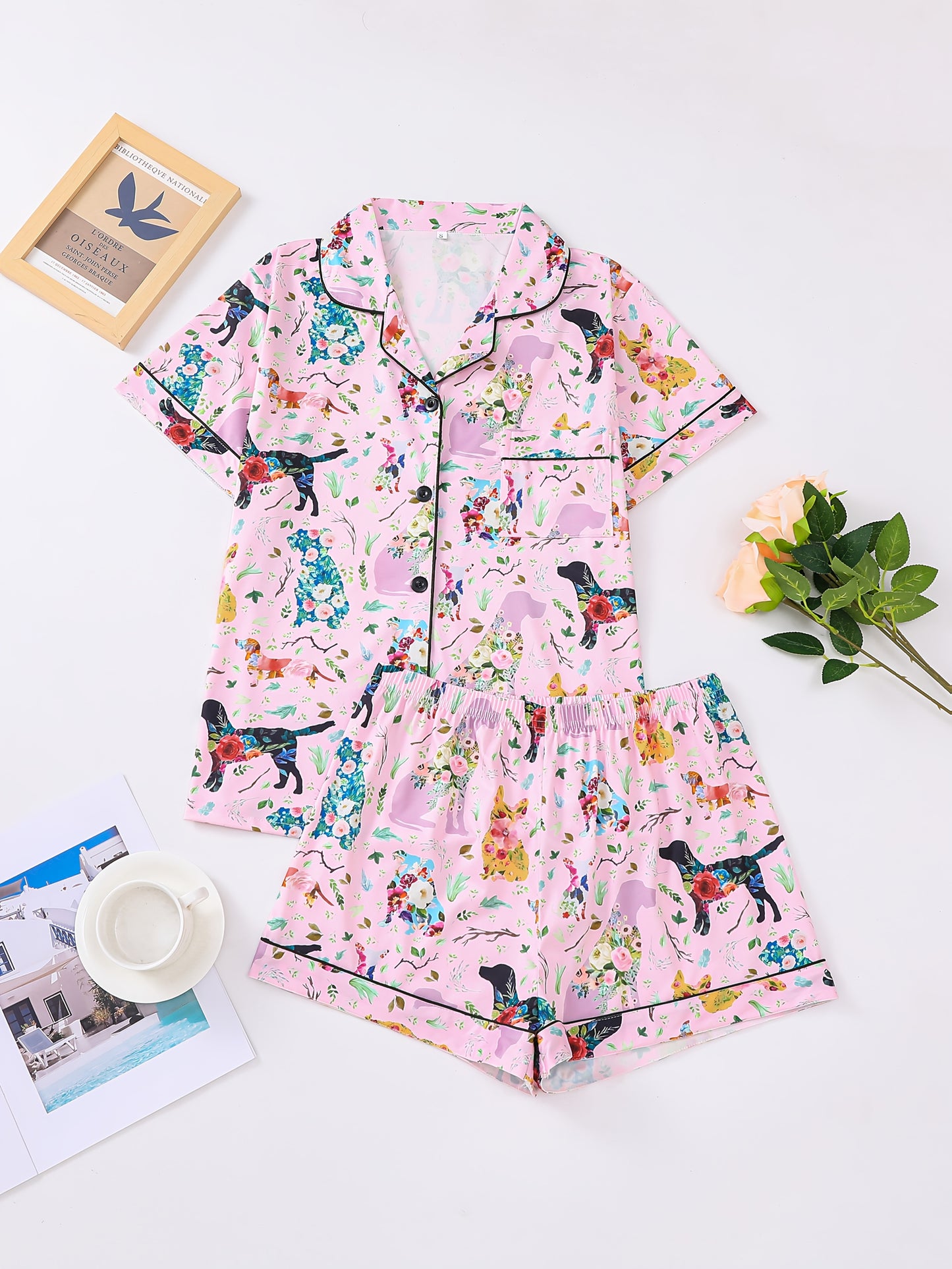 Women'S 2pcs Pajama Set, Cute Dog & Floral Print, Casual Jersey Knit Fabric, Short Sleeve with Lapel Collar, Elastic Loose Shorts, All-Season Comfort, Animal Pattern, 95% Polyester 5% Elastane, 150g/m²
