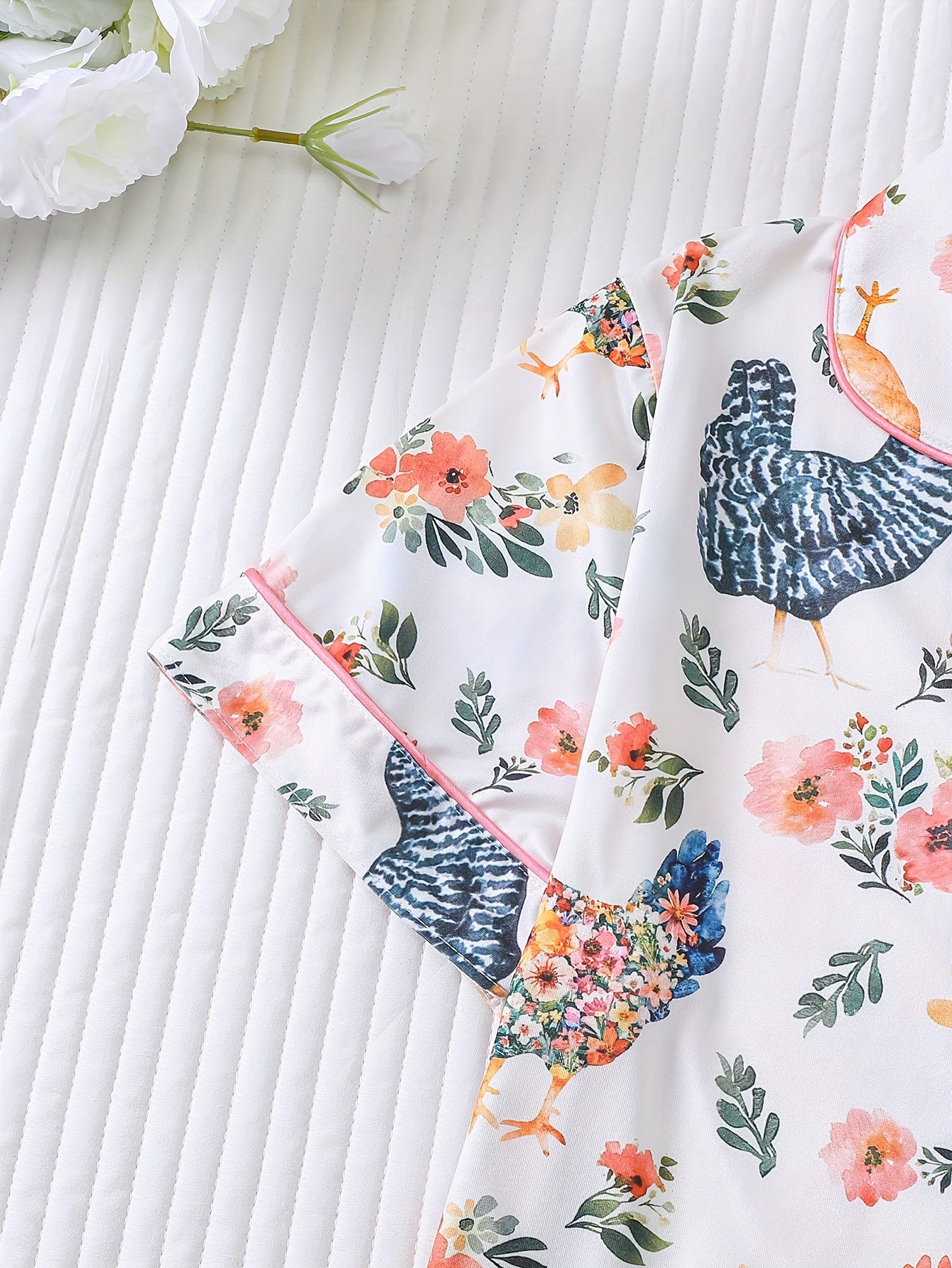 Two-piece Women'S Elegant Polyester White Pajama Set, Chicken Print, Fabric, All-season Comfort, Short-sleeved Button- Top With Collar And Matching Shorts, All-over Print And Pocket Details, Perfect For Adults Pajama Sets