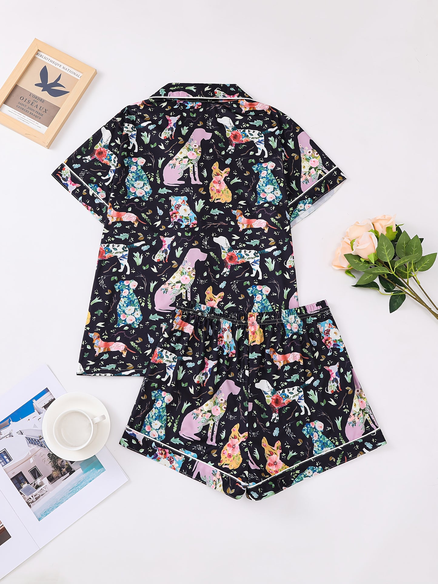 Women'S 2pcs Pajama Set, Cute Dog & Floral Print, Casual Jersey Knit Fabric, Short Sleeve with Lapel Collar, Elastic Loose Shorts, All-Season Comfort, Animal Pattern, 95% Polyester 5% Elastane, 150g/m²