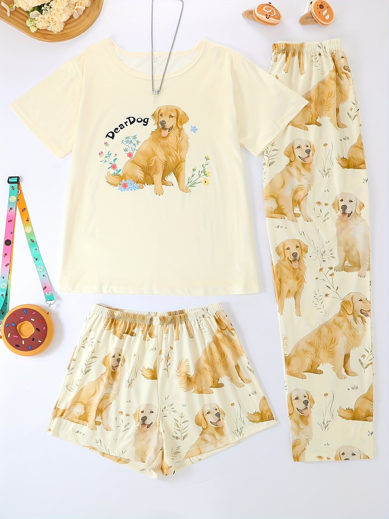 Three-piece pajama set, round-neck short-sleeve pullover and loose elastic shorts with extended length, Golden retriever print design, cool for summer wear, casual four-season Women's sleepwear and loungewear outfit