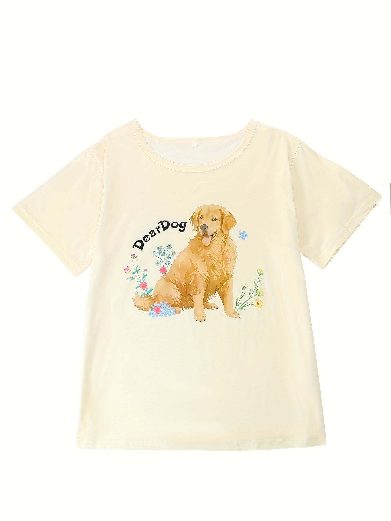 Crew Neck Three Piece Apricot Floral Golden Retriever Puppy Animal Print Adult Pajama Set, Short Sleeve Top And Loose Elastic Shorts And Pants, Casual Four Seasons Women'S Pajama And Loungewear Set, Can Be Worn All Year Round