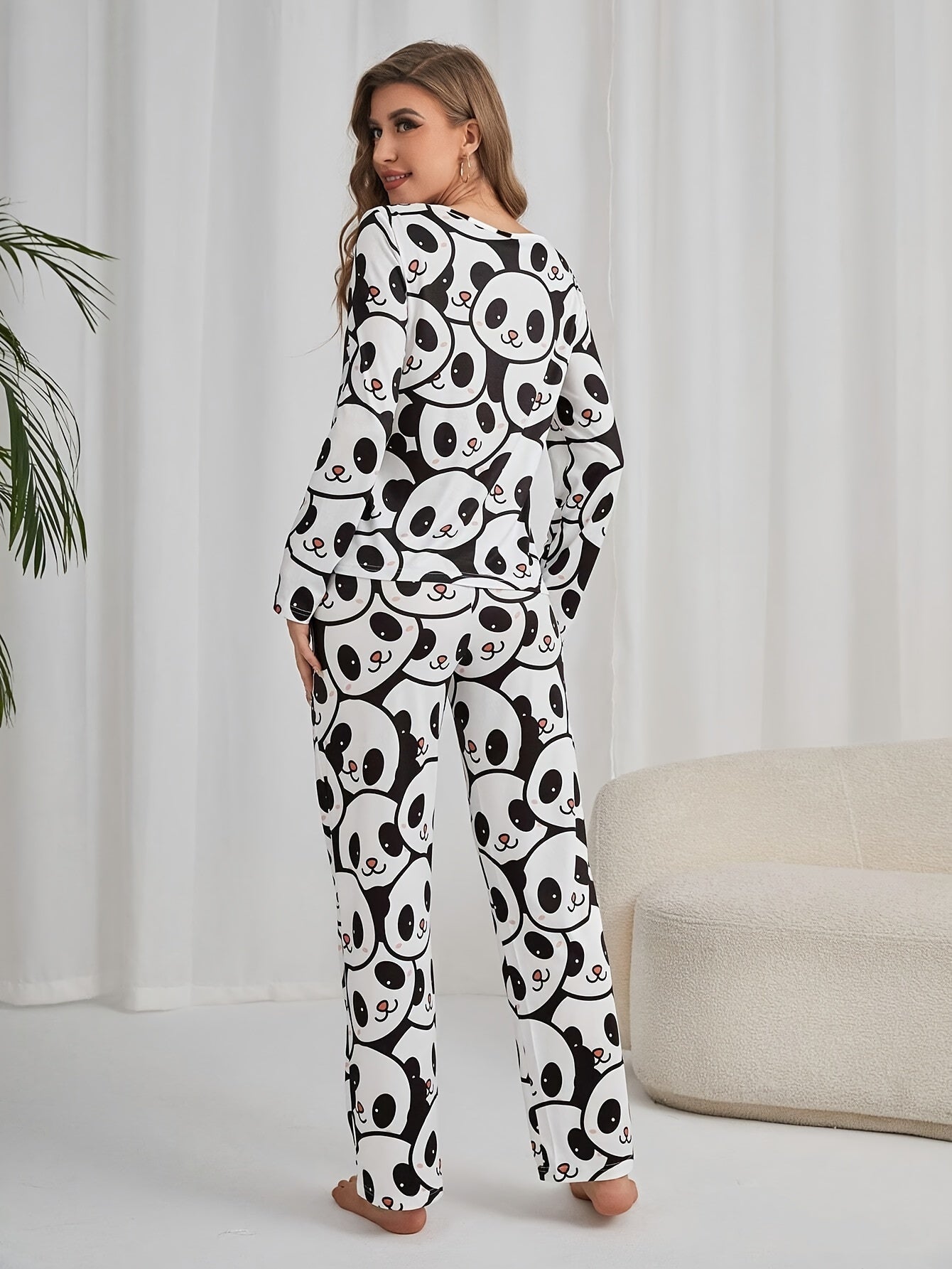 Women'S Cute Panda Print Pajama Set, Long Sleeve Round Neck Top & Pants, Comfortable Relaxed Fit For Fall
