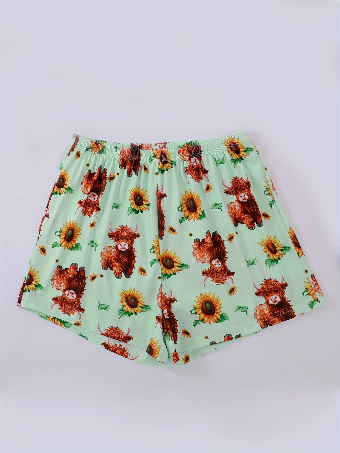 Round Neck Three-Piece Light Green Floral Cow Letter Print Adult Pajama Set, Short Sleeve Top and Loose Elastic Shorts with Long Pants, Casual Four-Season Women's Sleepwear and Loungewear Outfit, Wearable All Year Round