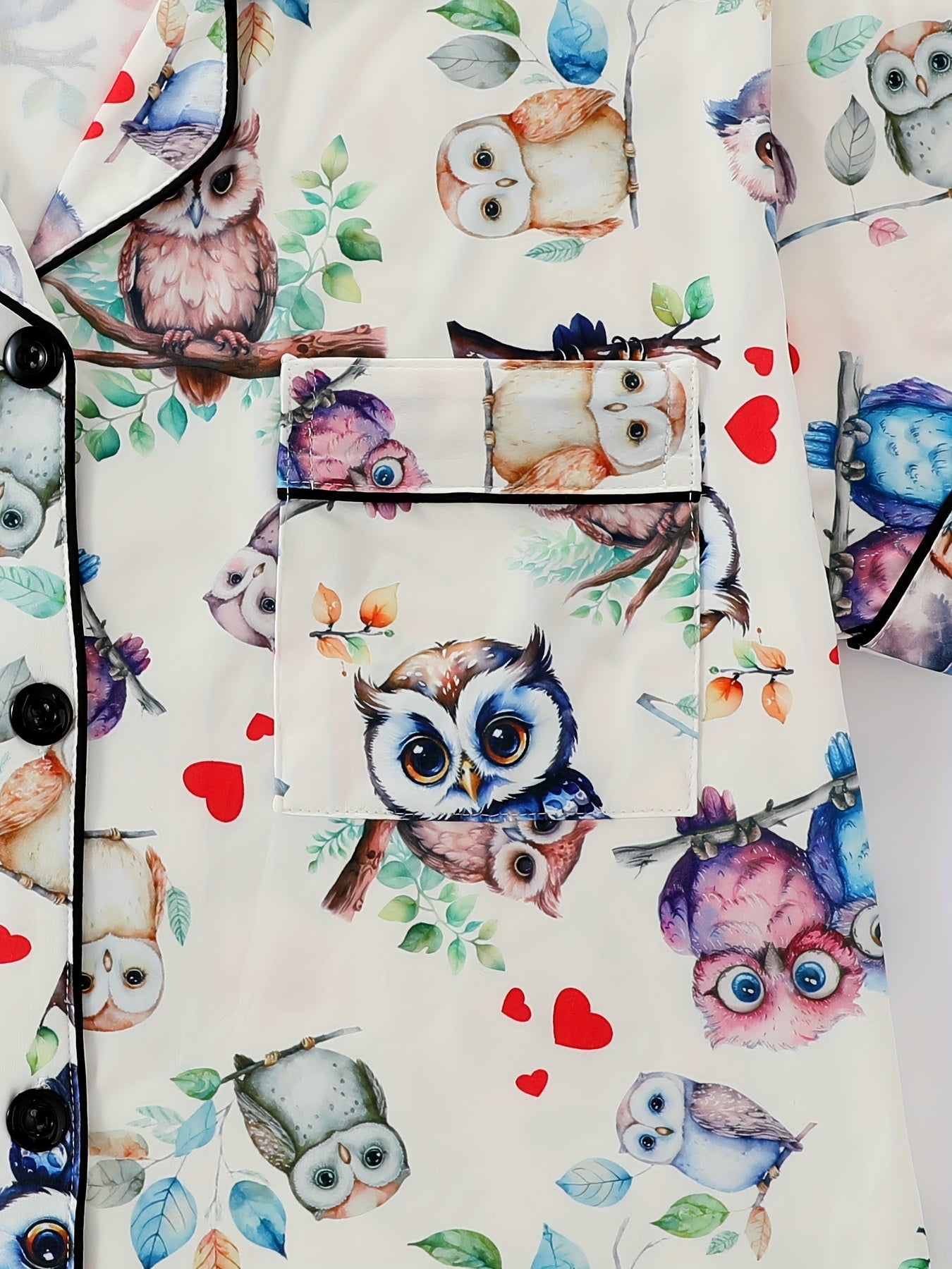 Two-Piece Pajama Set with Collared Short Sleeve Open Front Shirt and Loose Elastic Shorts, Owl Bird Print Pattern, Summer Cool Wearable Casual Four Seasons Women'S Sleepwear and Loungewear Outfit, Polyester Fabric