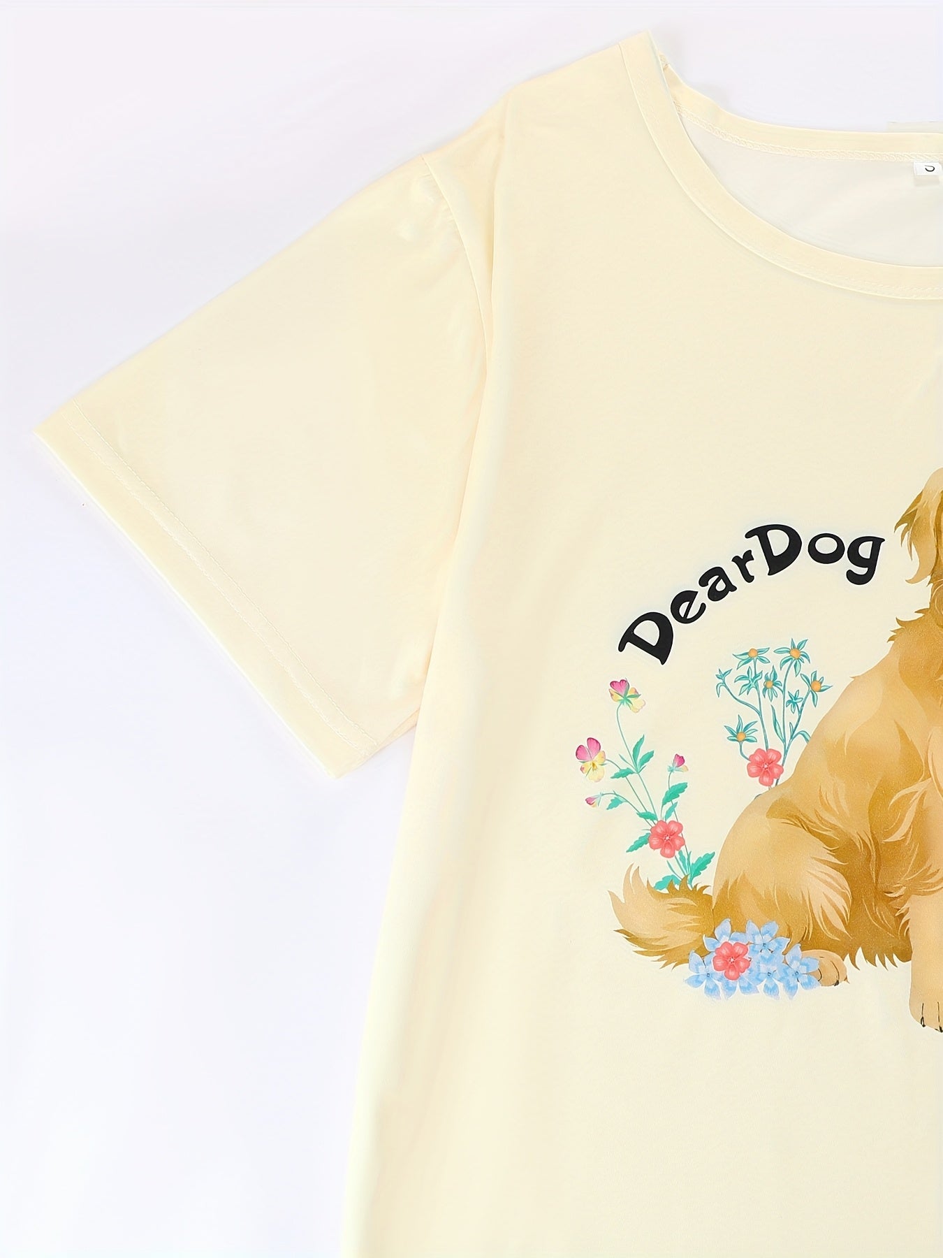 Crew Neck Three Piece Apricot Floral Golden Retriever Puppy Animal Print Adult Pajama Set, Short Sleeve Top And Loose Elastic Shorts And Pants, Casual Four Seasons Women'S Pajama And Loungewear Set, Can Be Worn All Year Round