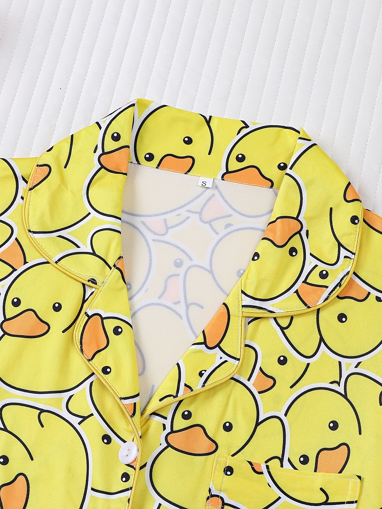 Two Piece Women'S Yellow Duck Print Pajamas Set, Fabric, Comfortable All Year Round, Long Sleeved Button Up Top, Collar And Matching Pants, with Full Body Print And Pocket Details, Suitable for Adult Pajamas Set