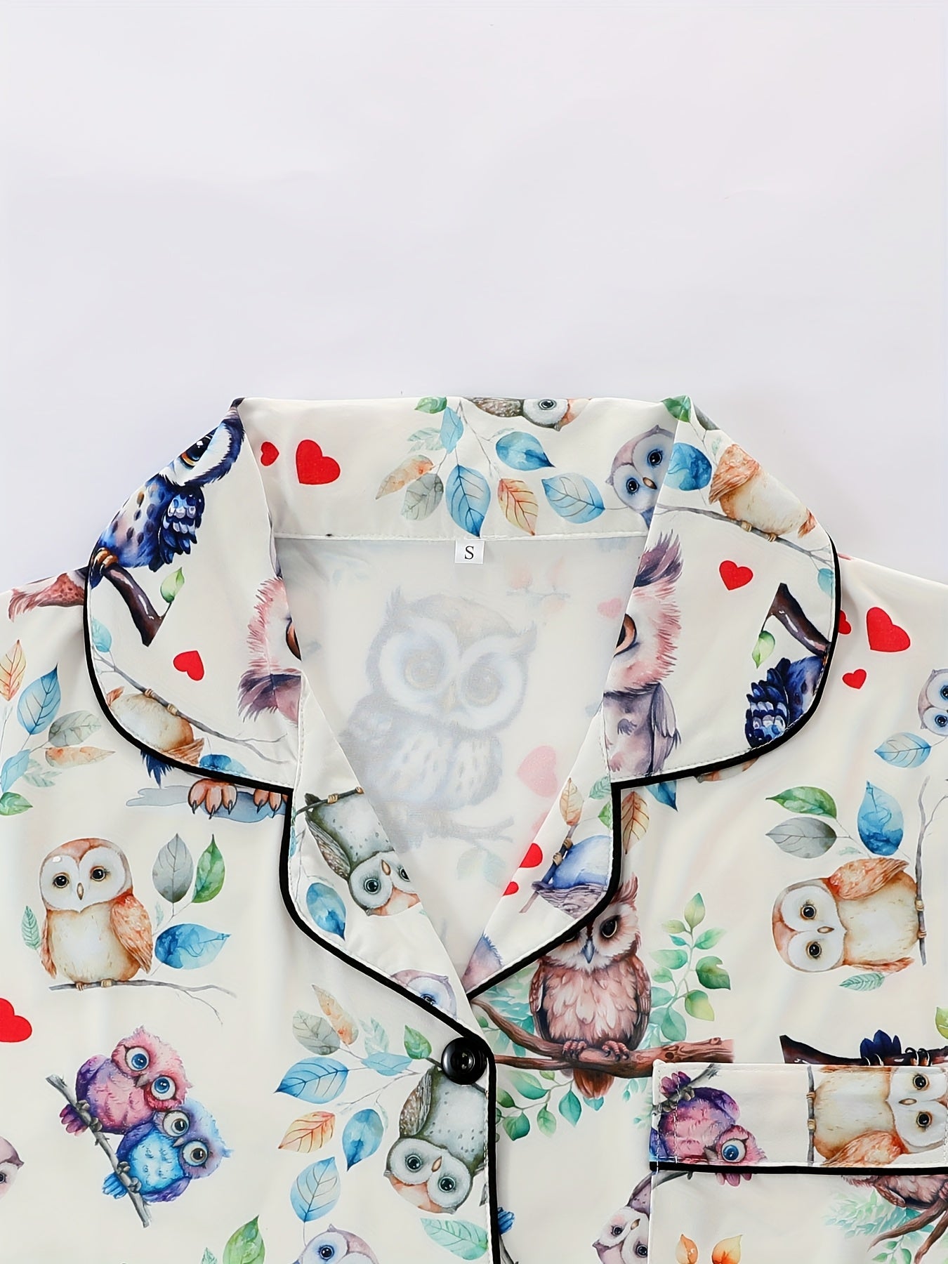 Two-Piece Pajama Set with Collared Short Sleeve Open Front Shirt and Loose Elastic Shorts, Owl Bird Print Pattern, Summer Cool Wearable Casual Four Seasons Women'S Sleepwear and Loungewear Outfit, Polyester Fabric