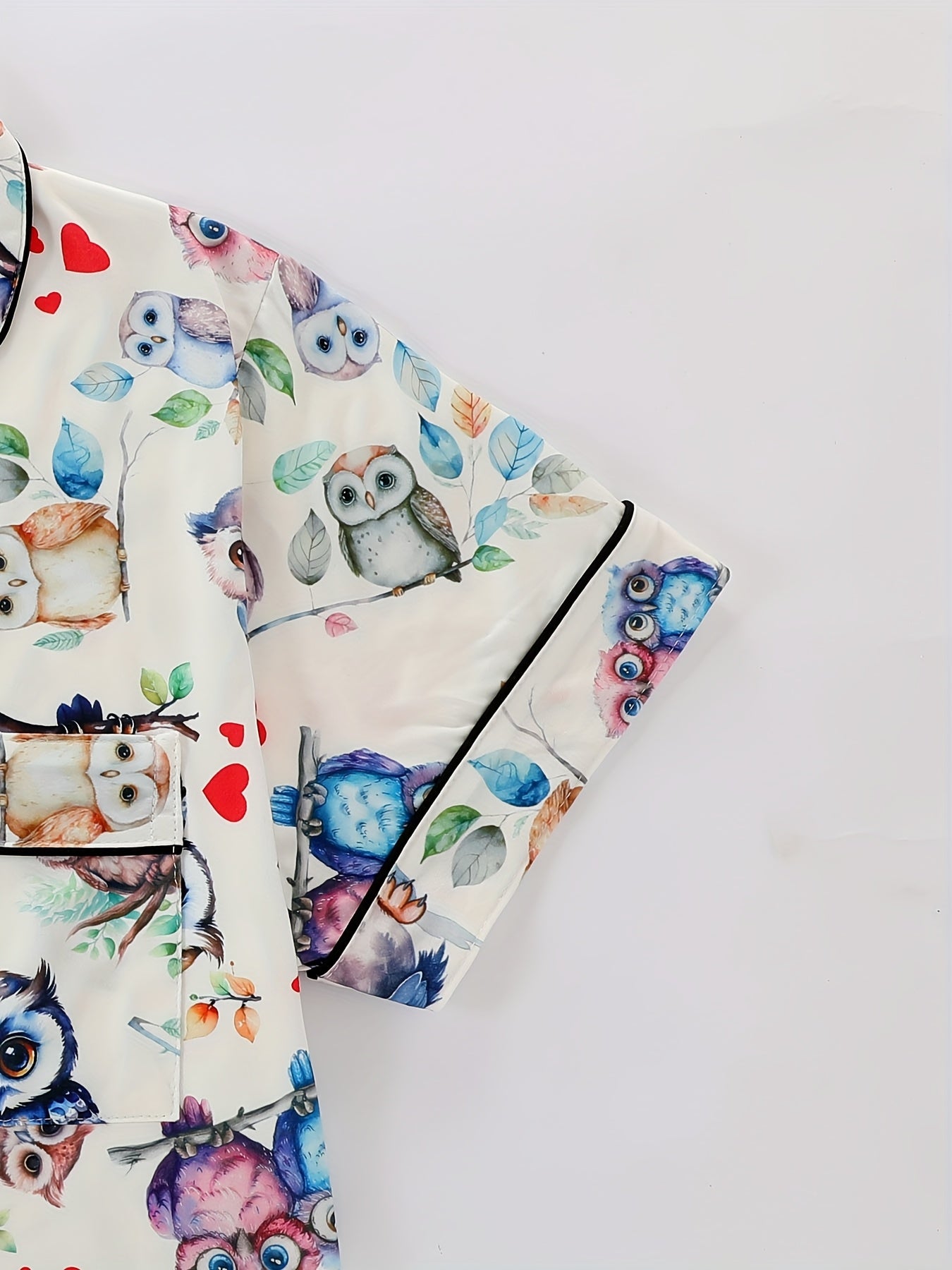 Two-Piece Pajama Set with Collared Short Sleeve Open Front Shirt and Loose Elastic Shorts, Owl Bird Print Pattern, Summer Cool Wearable Casual Four Seasons Women'S Sleepwear and Loungewear Outfit, Polyester Fabric
