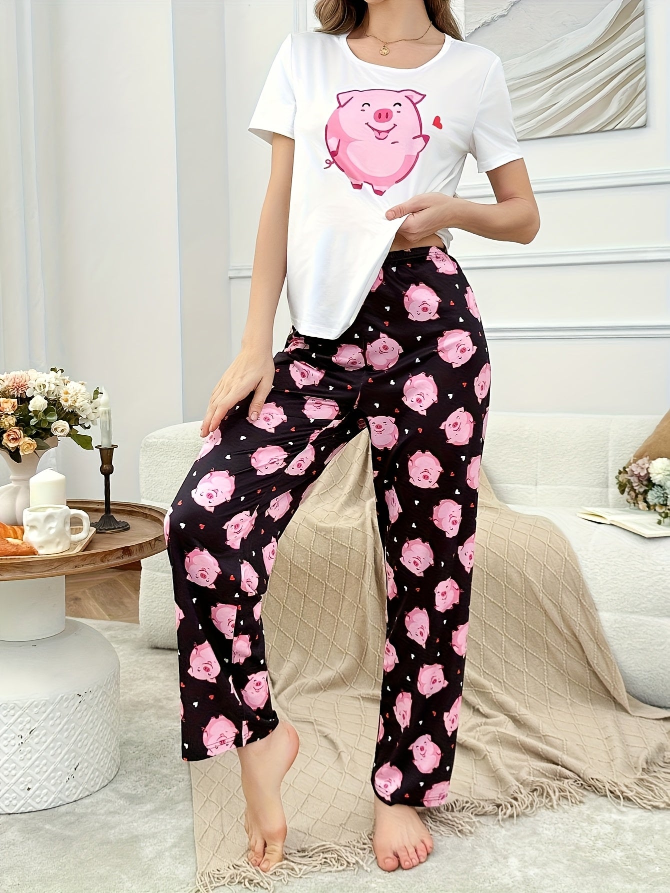 2pcs Women's Cute Pig Casual T-shirt Set, Loose Sleepwear