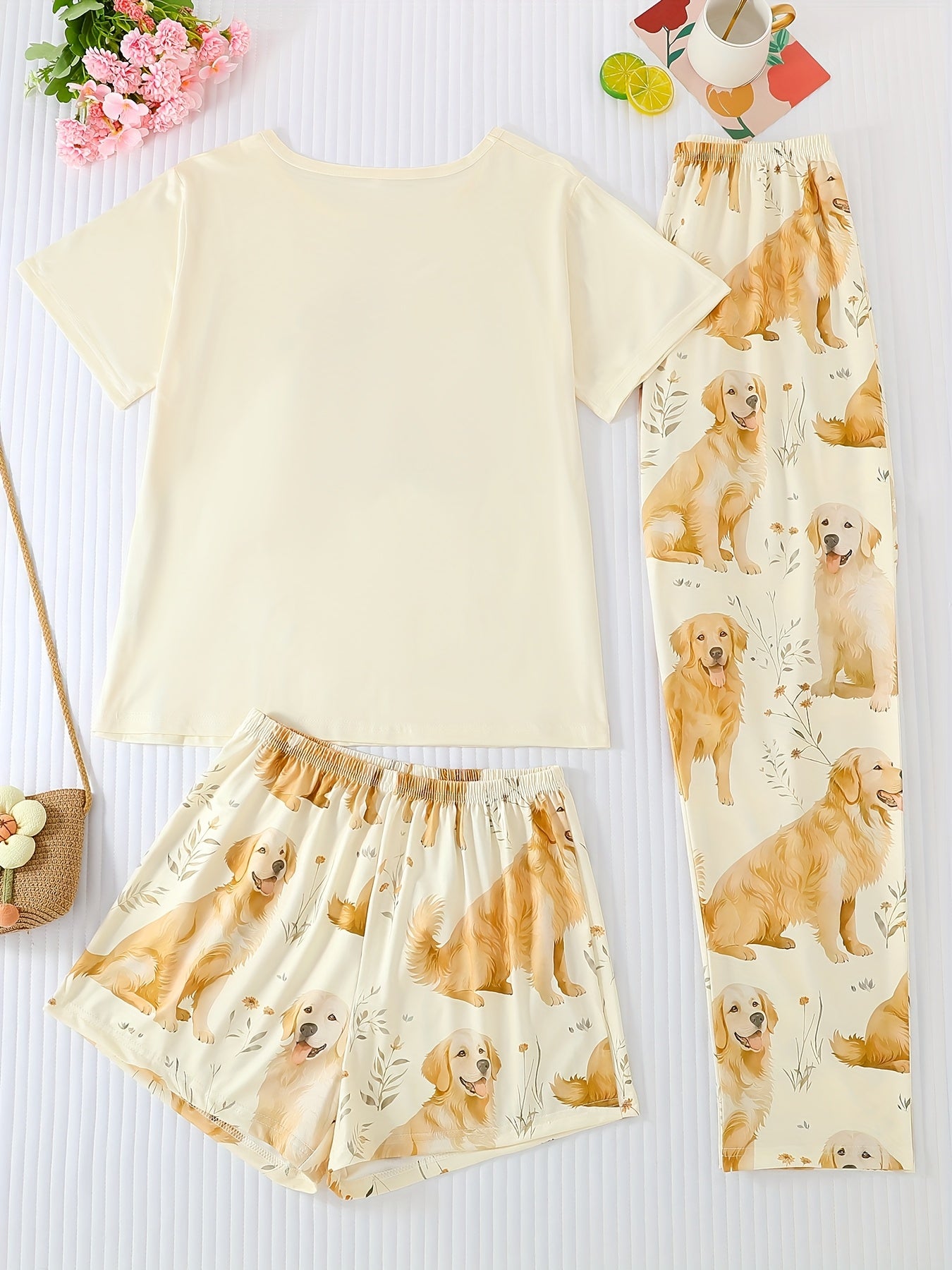 Crew Neck Three Piece Apricot Floral Golden Retriever Puppy Animal Print Adult Pajama Set, Short Sleeve Top And Loose Elastic Shorts And Pants, Casual Four Seasons Women'S Pajama And Loungewear Set, Can Be Worn All Year Round