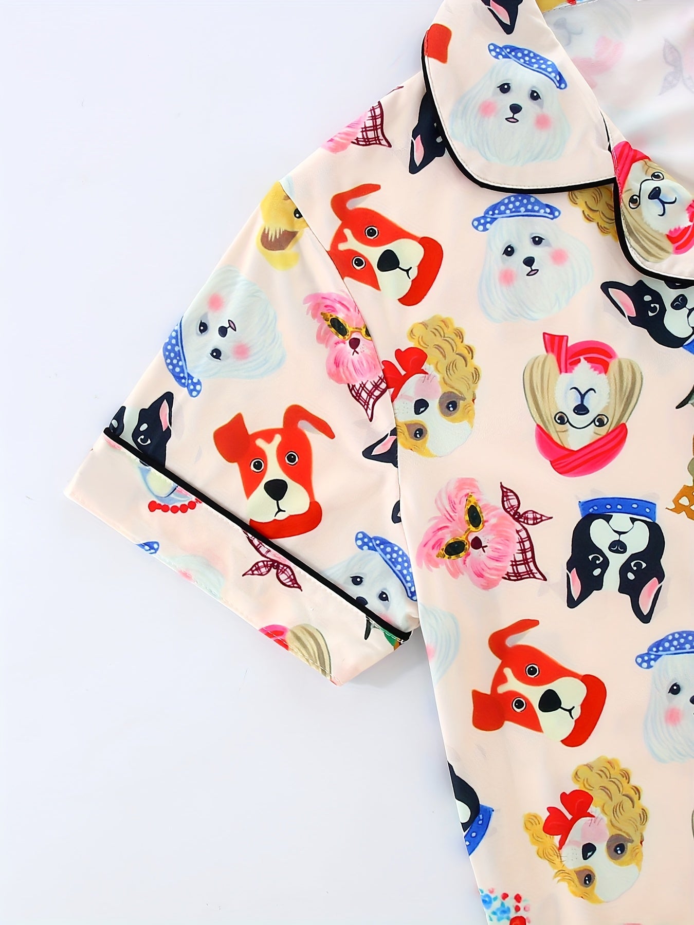 Women'S Pajama Set, Three Pieces, Cute Cartoon Animal Cute Puppy Pattern Design, Casual Turnover Collar Top with Drawstring Waist Shorts and Trousers Summer Four Seasons Wear Coolly, Button Pocket Details Comfortable Knit Fabric Adult Home Wear