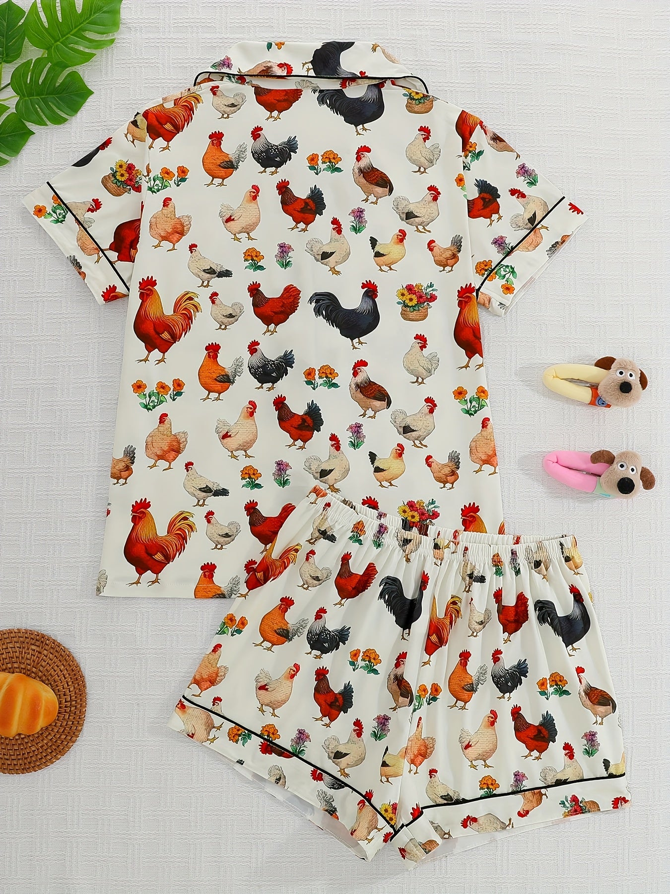 Women'S Pajama Set Two-Piece, Featuring a Charming Garden Style Chicken Print, Comfortable Outdoor And Home Wear with a Collared Button, a Comfortable Short-Sleeve Top, And Loose Elastic Shorts, Suitable for Summer, Suitable for All Seasons.