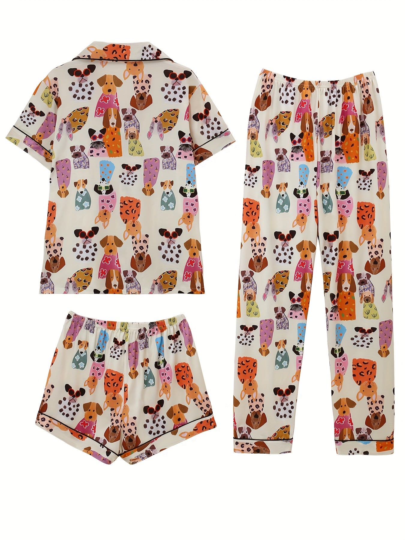 3pcs Women's Pajama Set, Animal Print Button Cardigan, Short-sleeved Stretch Shorts And Long Pants, Loose And Elastic Spring And Autumn Casual Daily Home Wear, Soft Fabric