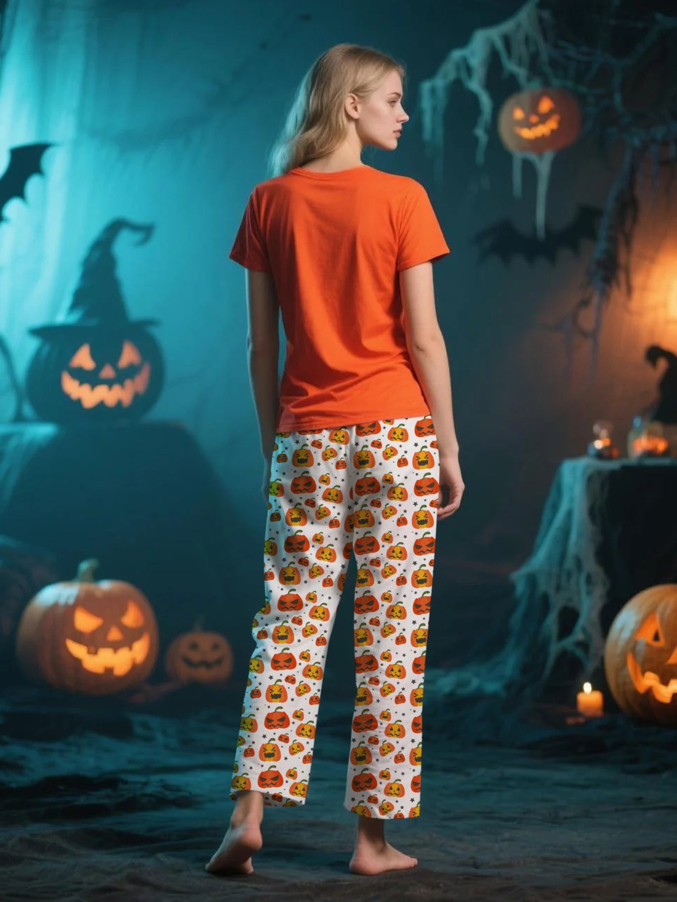 Halloween Themed Pajama Set Orange and Pumpkin Print for Festive Nights