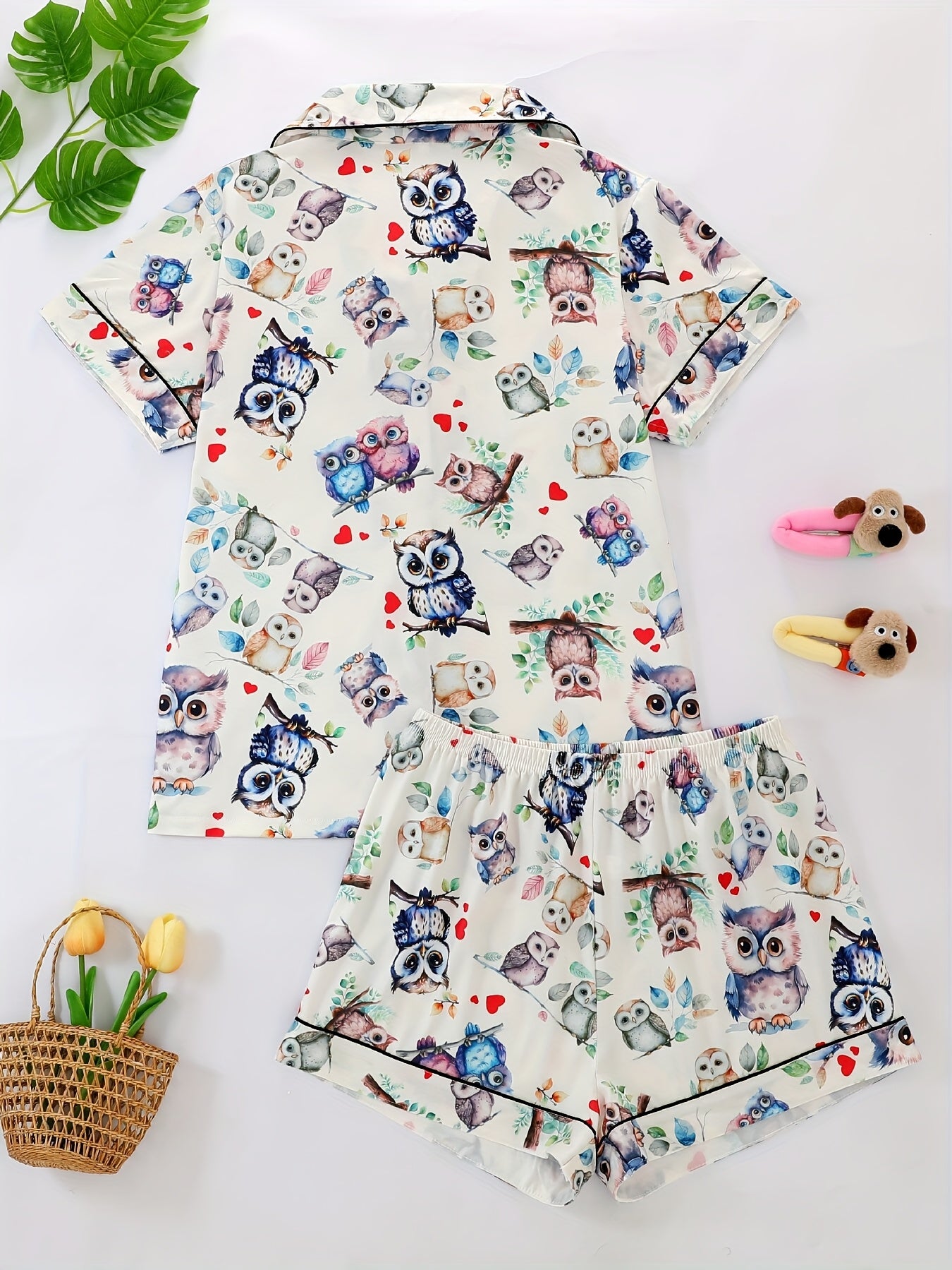 Two-Piece Pajama Set with Collared Short Sleeve Open Front Shirt and Loose Elastic Shorts, Owl Bird Print Pattern, Summer Cool Wearable Casual Four Seasons Women'S Sleepwear and Loungewear Outfit, Polyester Fabric