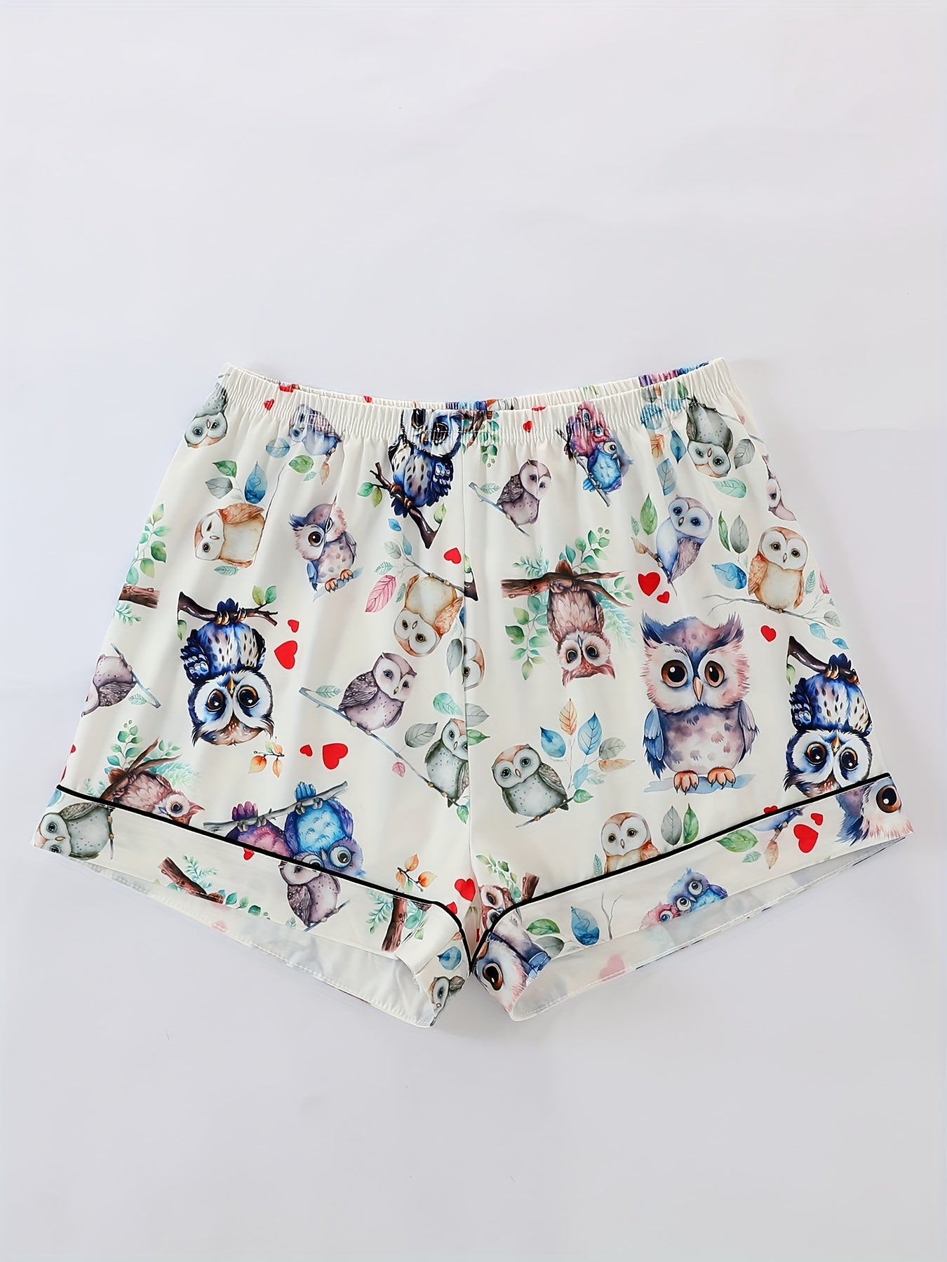 Two-Piece Pajama Set with Collared Short Sleeve Open Front Shirt and Loose Elastic Shorts, Owl Bird Print Pattern, Summer Cool Wearable Casual Four Seasons Women'S Sleepwear and Loungewear Outfit, Polyester Fabric