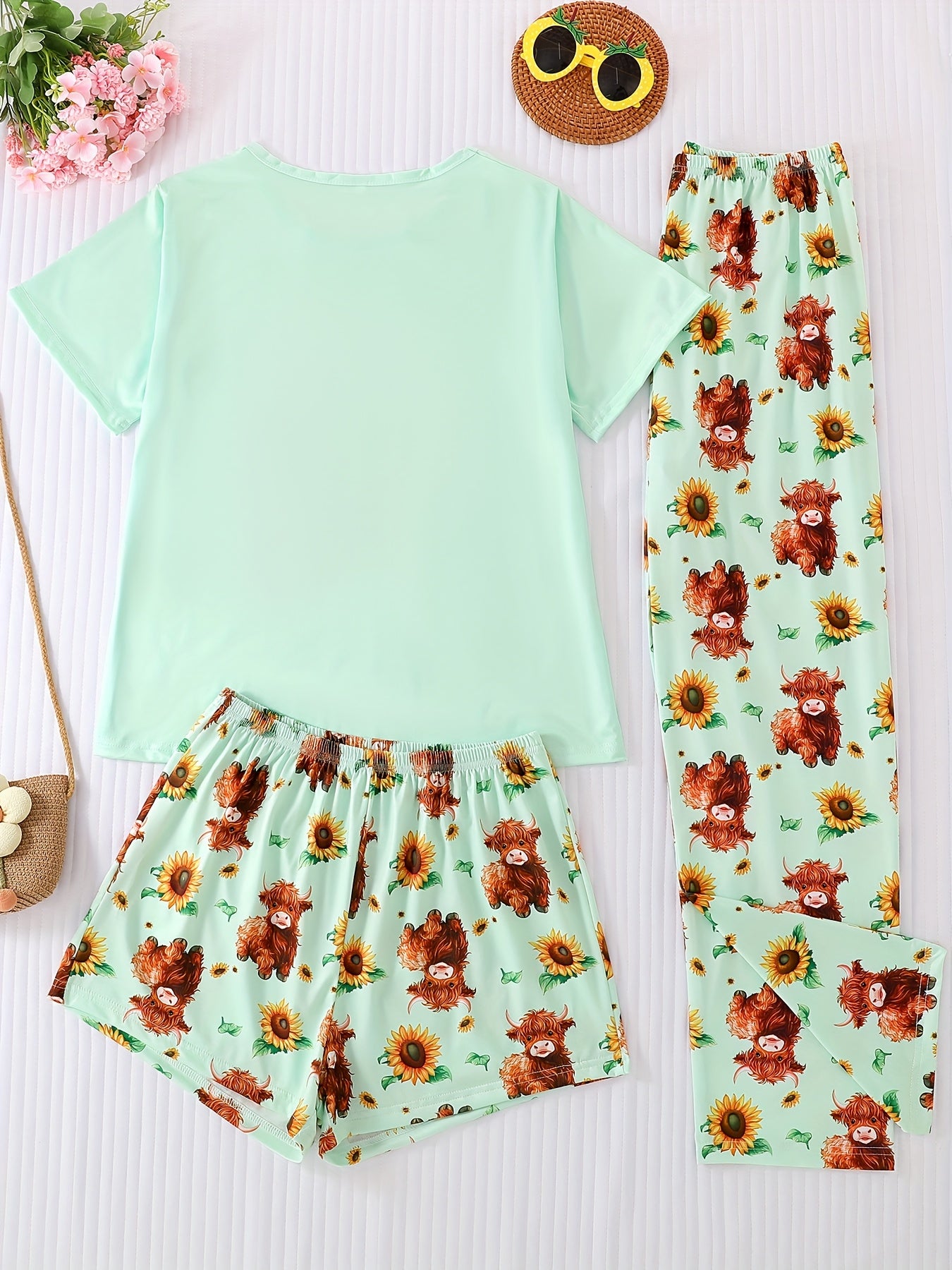 Round Neck Three-Piece Light Green Floral Cow Letter Print Adult Pajama Set, Short Sleeve Top and Loose Elastic Shorts with Long Pants, Casual Four-Season Women's Sleepwear and Loungewear Outfit, Wearable All Year Round